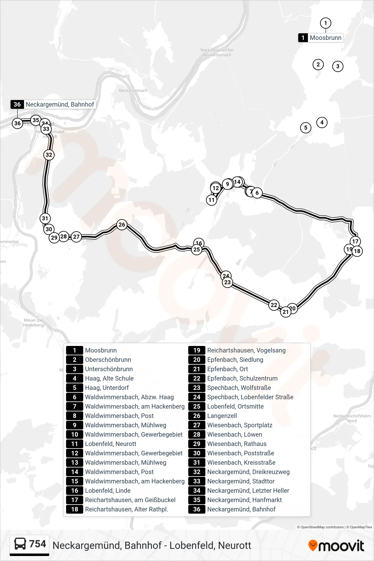 754 bus Line (Neckargemünd, Bahnhof) route and stops on a map