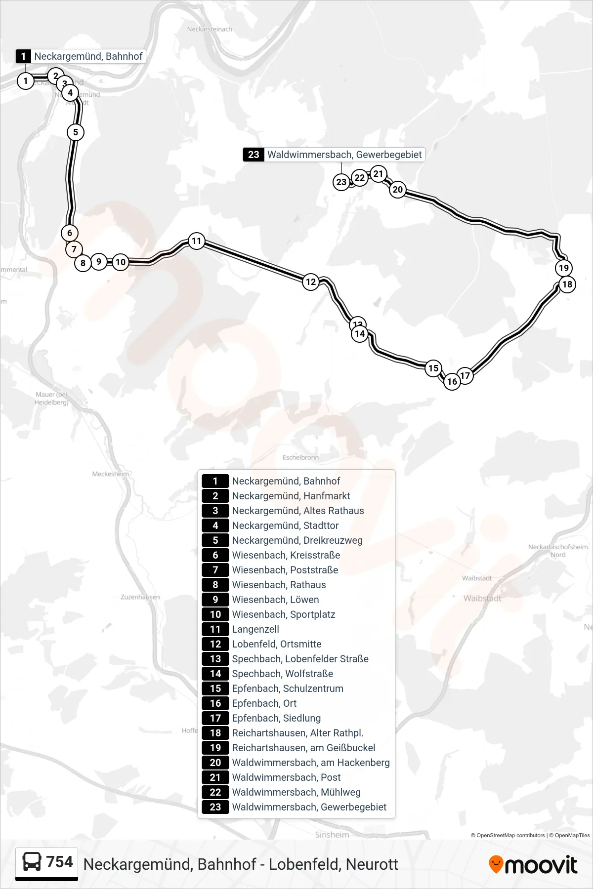 754 bus Line (Waldwimmersbach, Gewerbegebiet) route and stops on a map