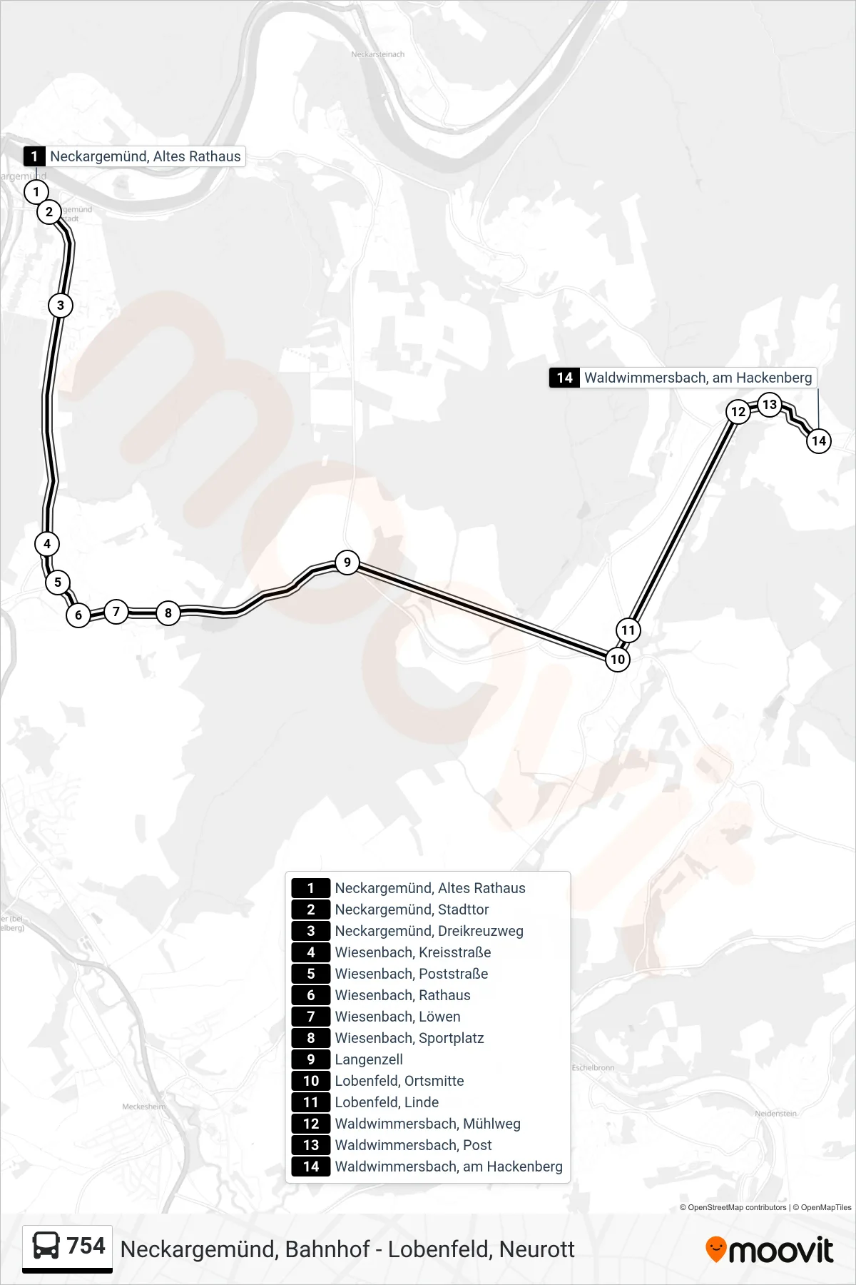 754 bus Line (Waldwimmersbach, am Hackenberg) route and stops on a map