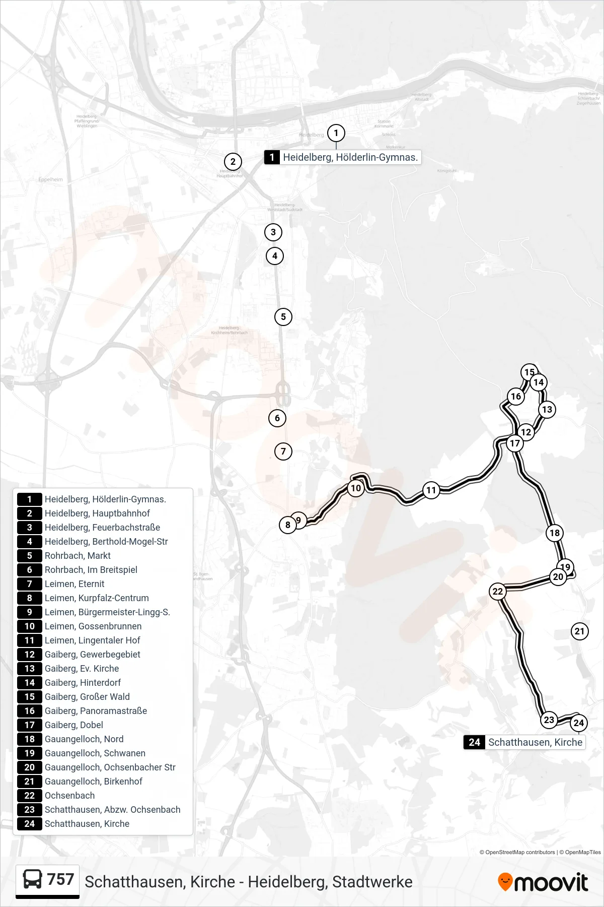 757 bus Line (Schatthausen, Kirche) route and stops on a map