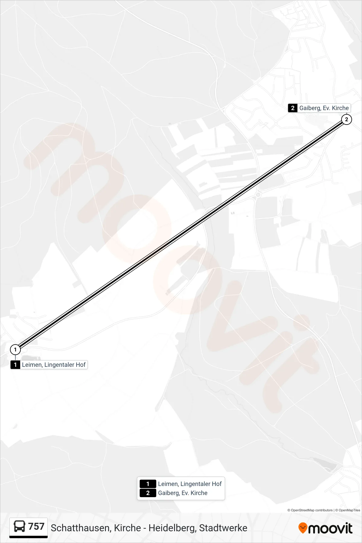 757 bus Line (Gaiberg, Ev. Kirche) route and stops on a map
