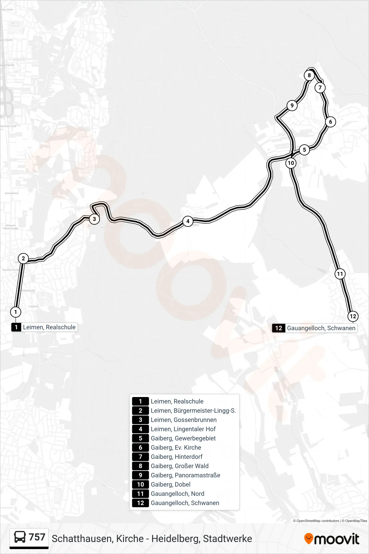 757 bus Line (Gauangelloch, Schwanen) route and stops on a map
