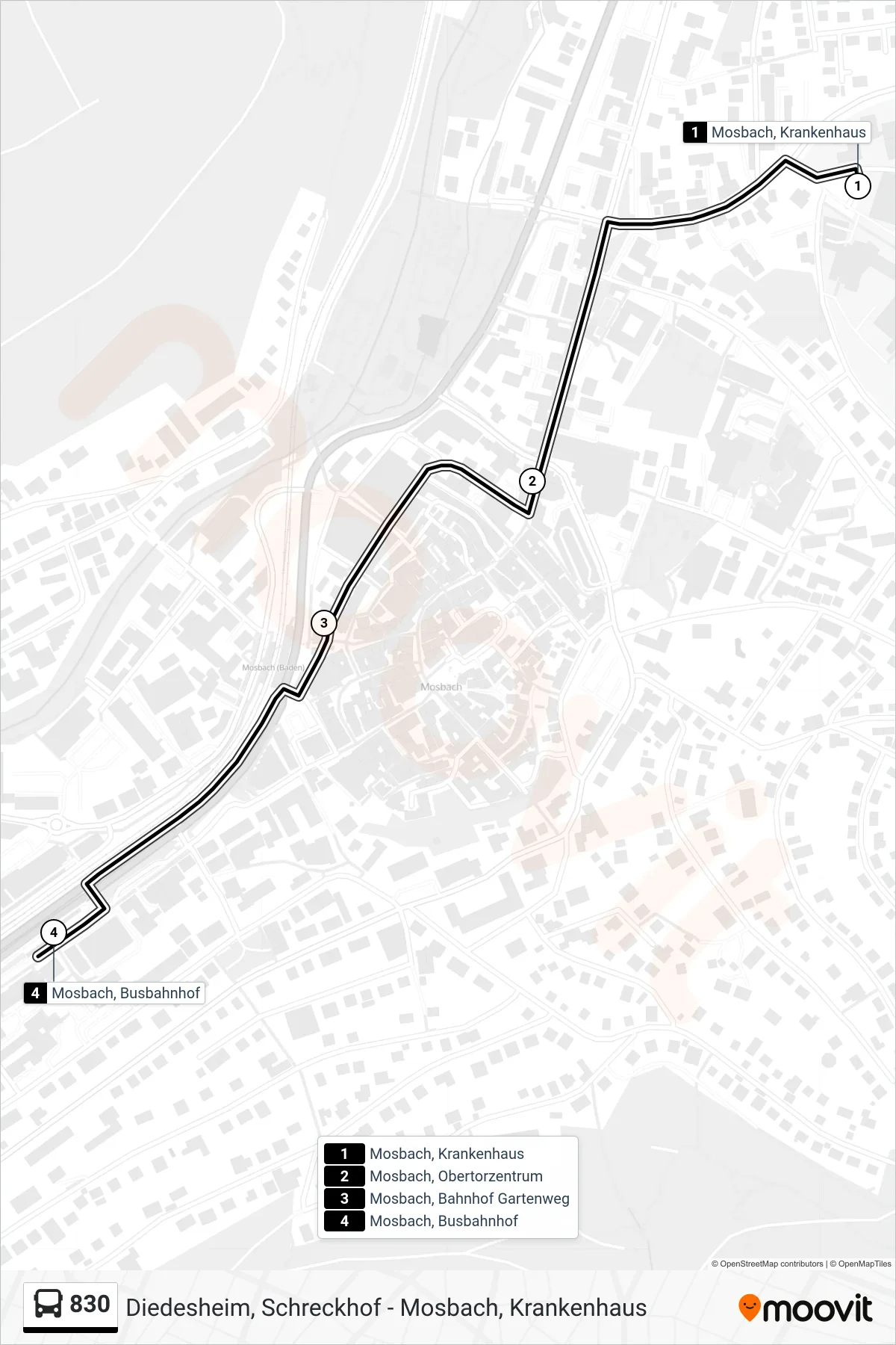 830 bus Line (Mosbach, Busbahnhof) route and stops on a map