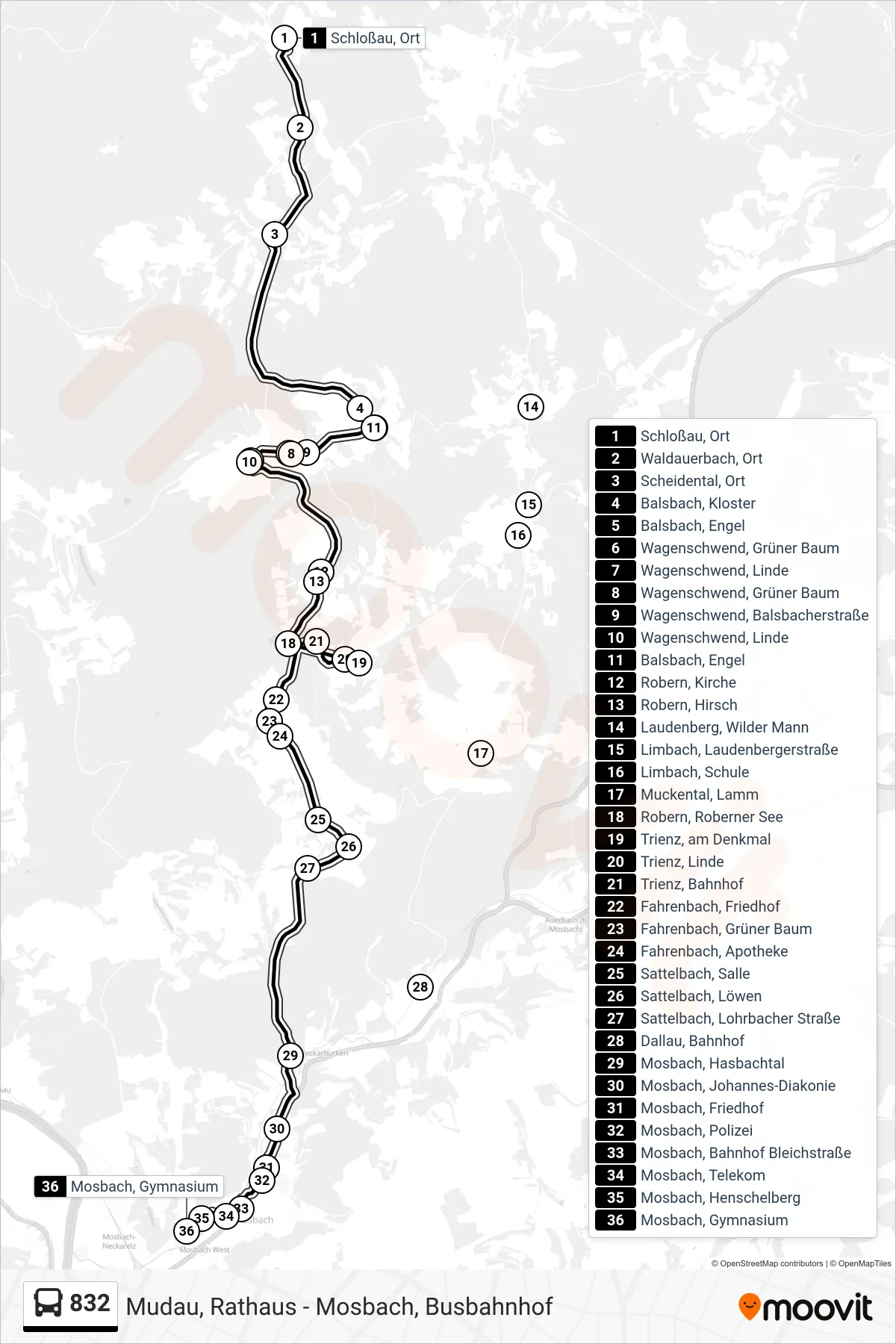 832 bus Line (Mosbach, Gymnasium) route and stops on a map