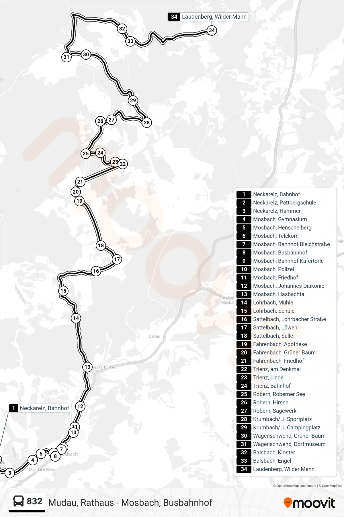 Linie 832 (Bus) Richtung Laudenberg, Wilder Mann: Route und Haltestellen auf der Karte