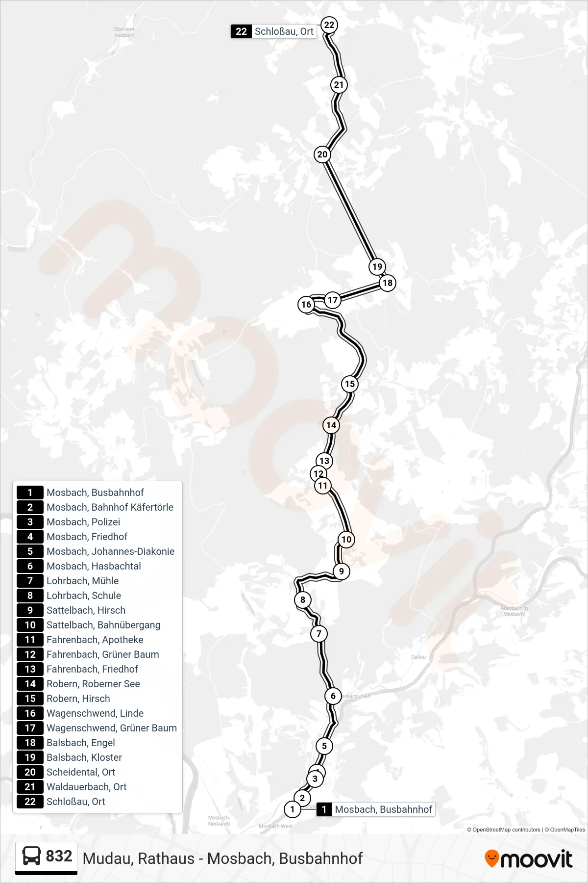 832 bus Line (Schloßau, Ort) route and stops on a map