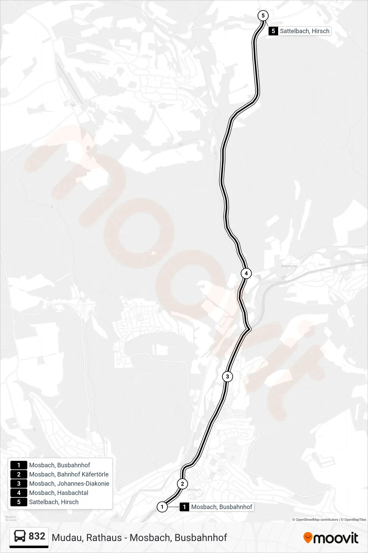 832 bus Line (Sattelbach, Hirsch) route and stops on a map