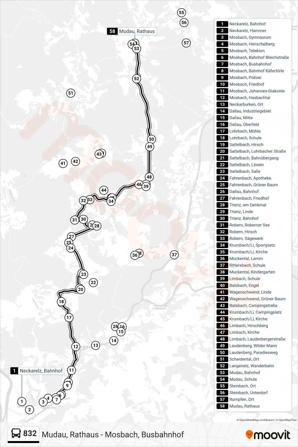 832 bus Line (Mudau, Rathaus) route and stops on a map