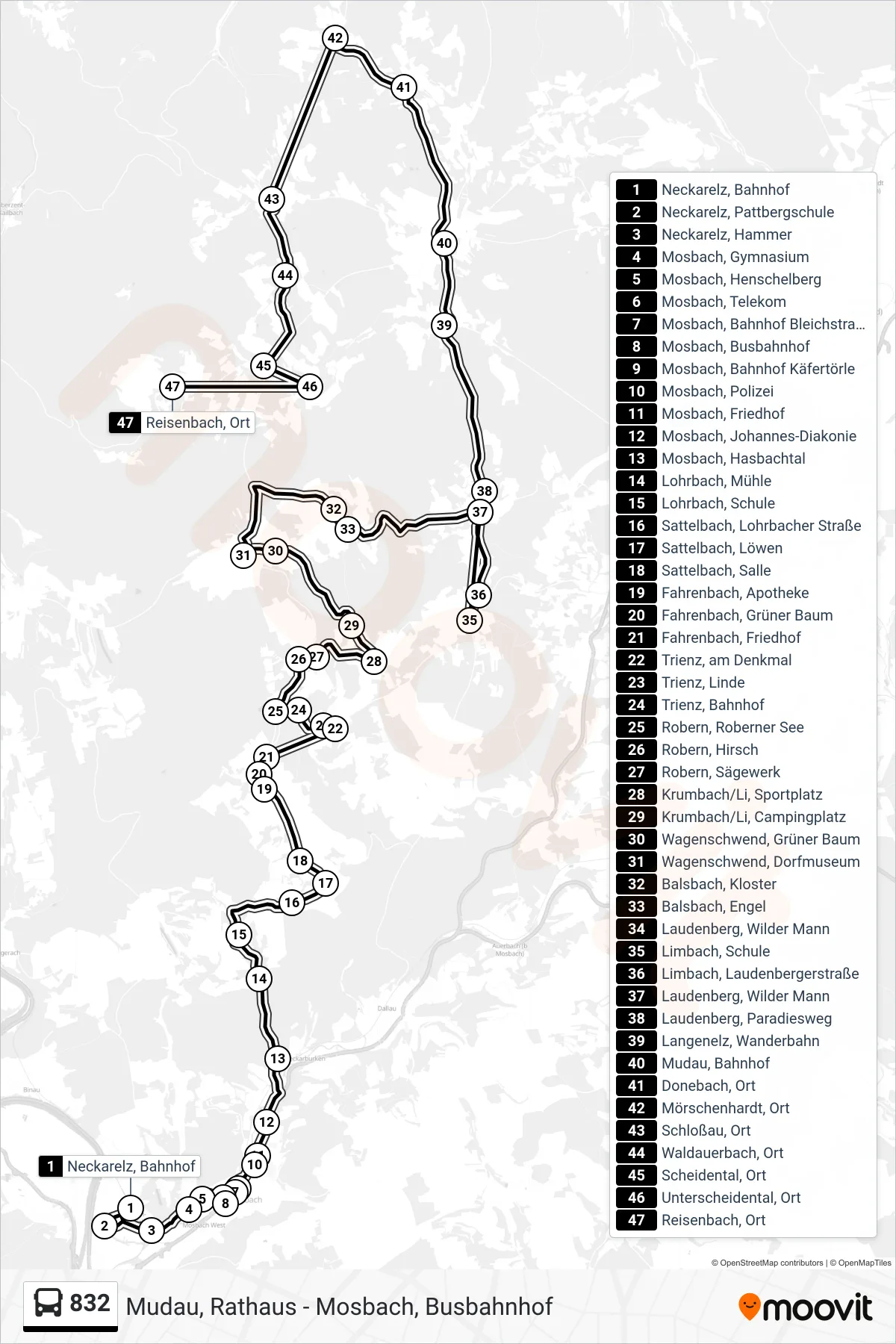 832 bus Line (Reisenbach, Ort) route and stops on a map