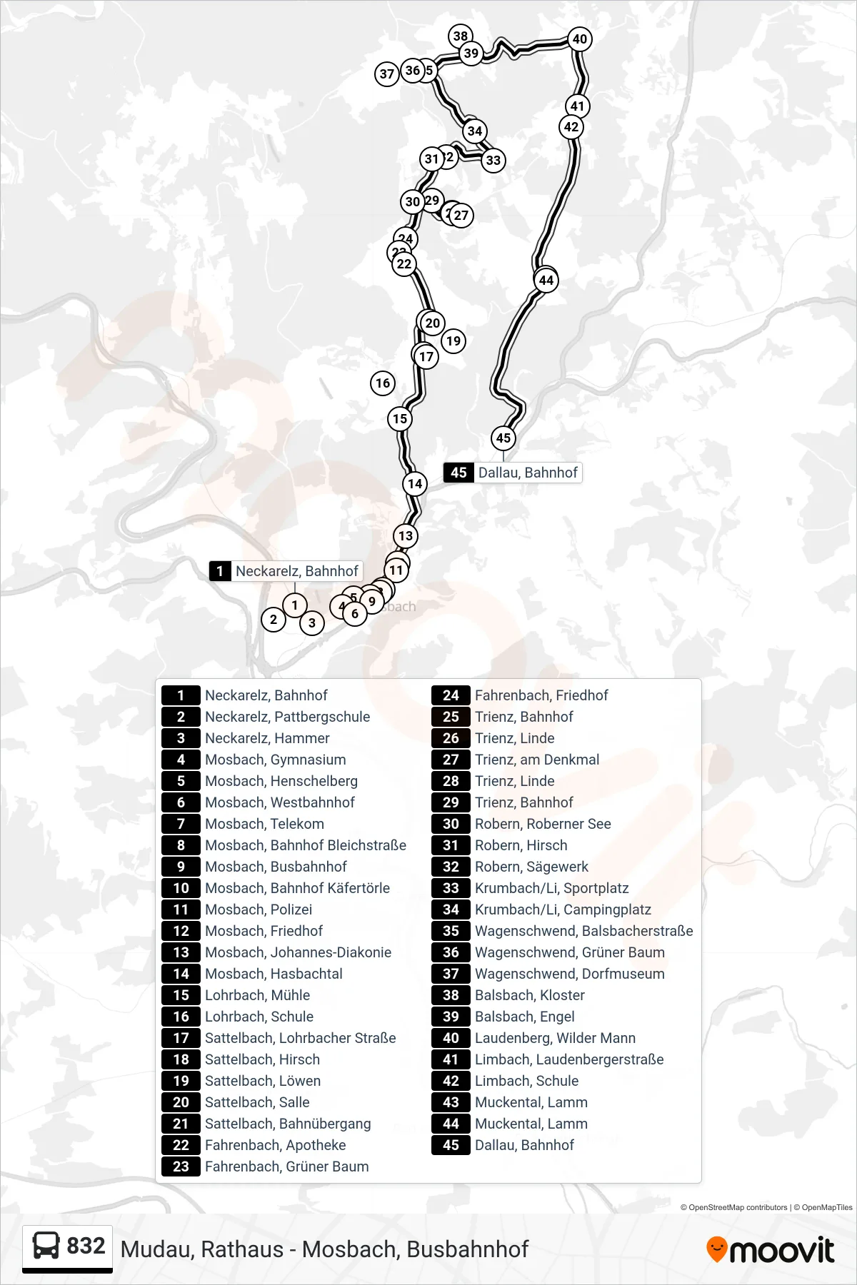832 bus Line (Dallau, Bahnhof) route and stops on a map