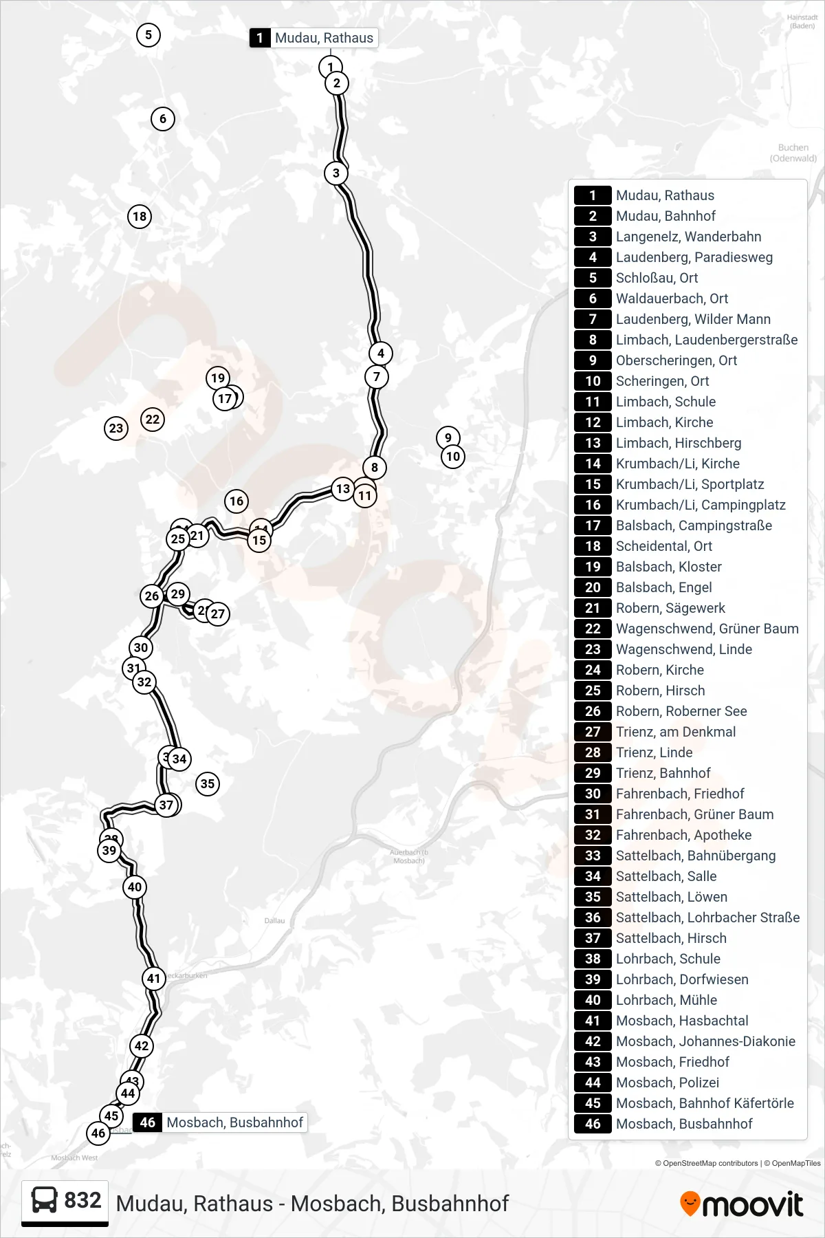 832 bus Line (Mosbach, Busbahnhof) route and stops on a map