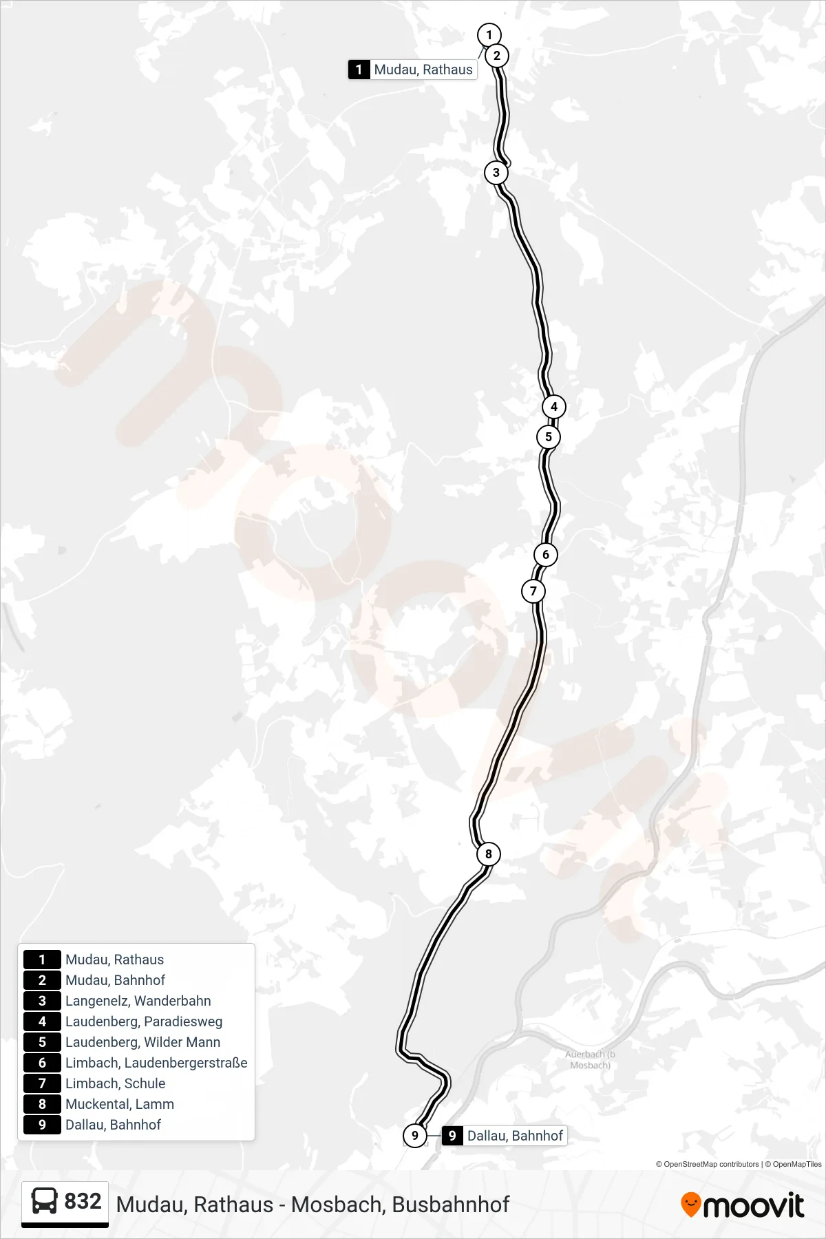 832 bus Line (Dallau, Bahnhof) route and stops on a map