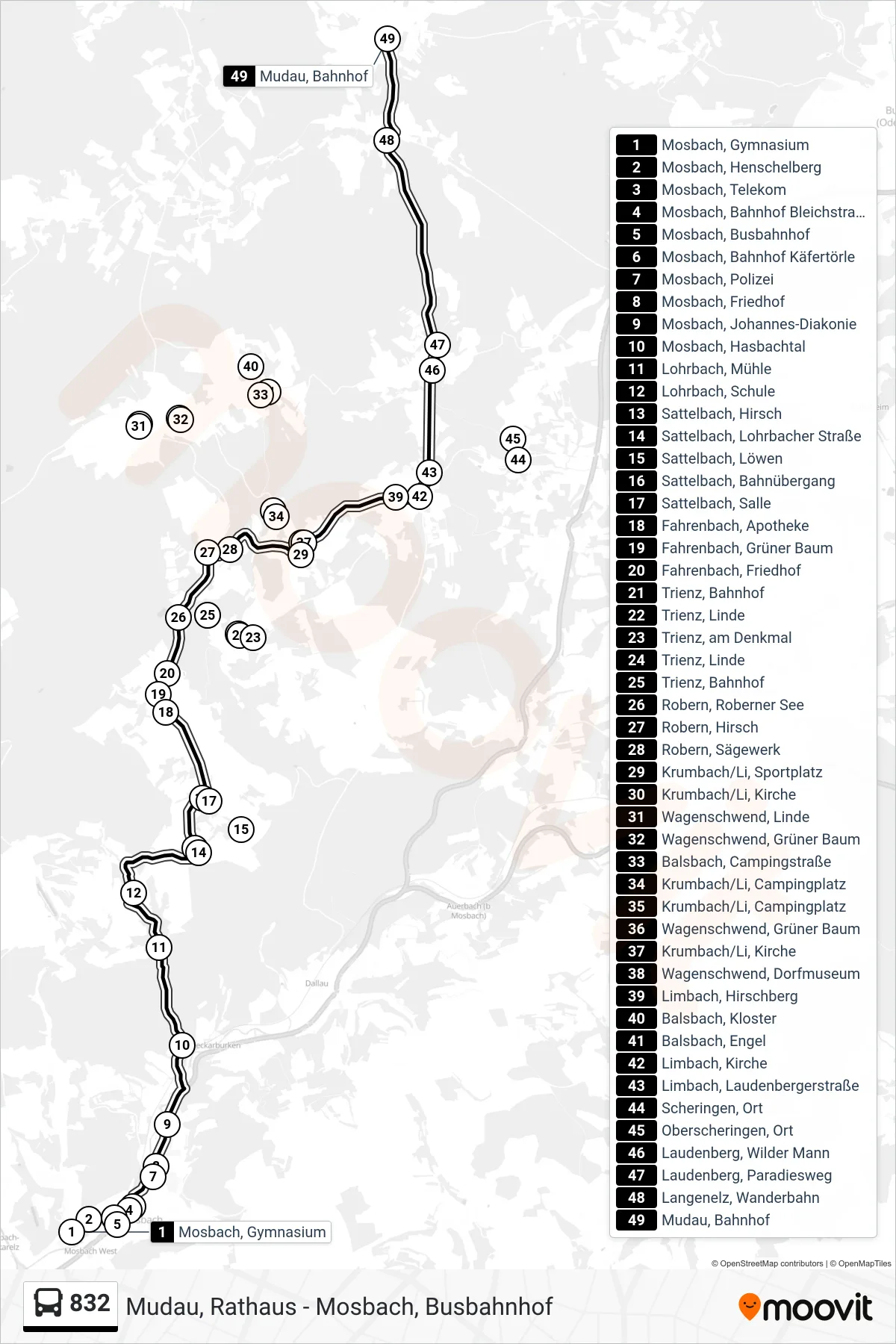 832 bus Line (Mudau, Bahnhof) route and stops on a map
