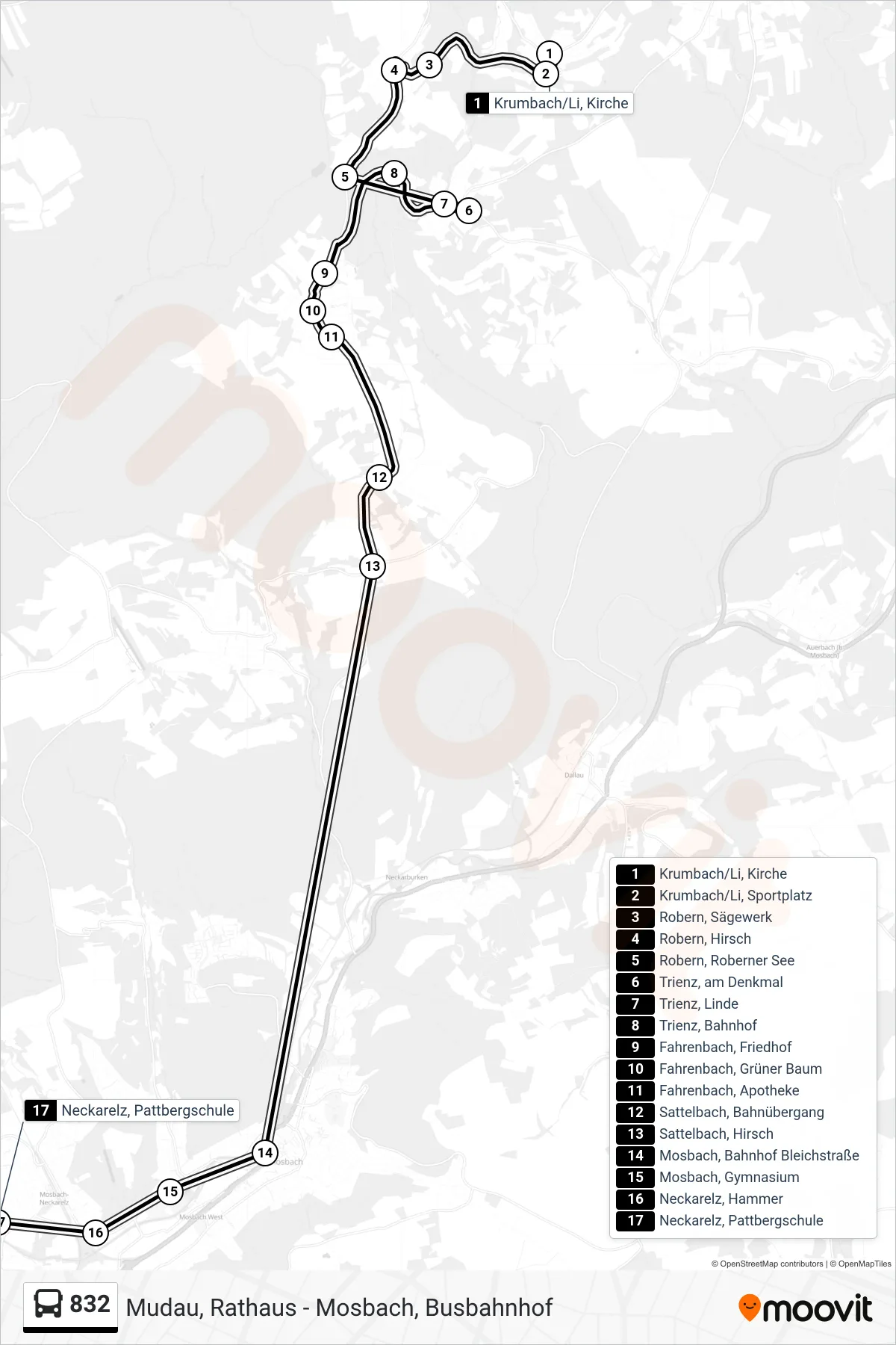 832 bus Line (Neckarelz, Pattbergschule) route and stops on a map