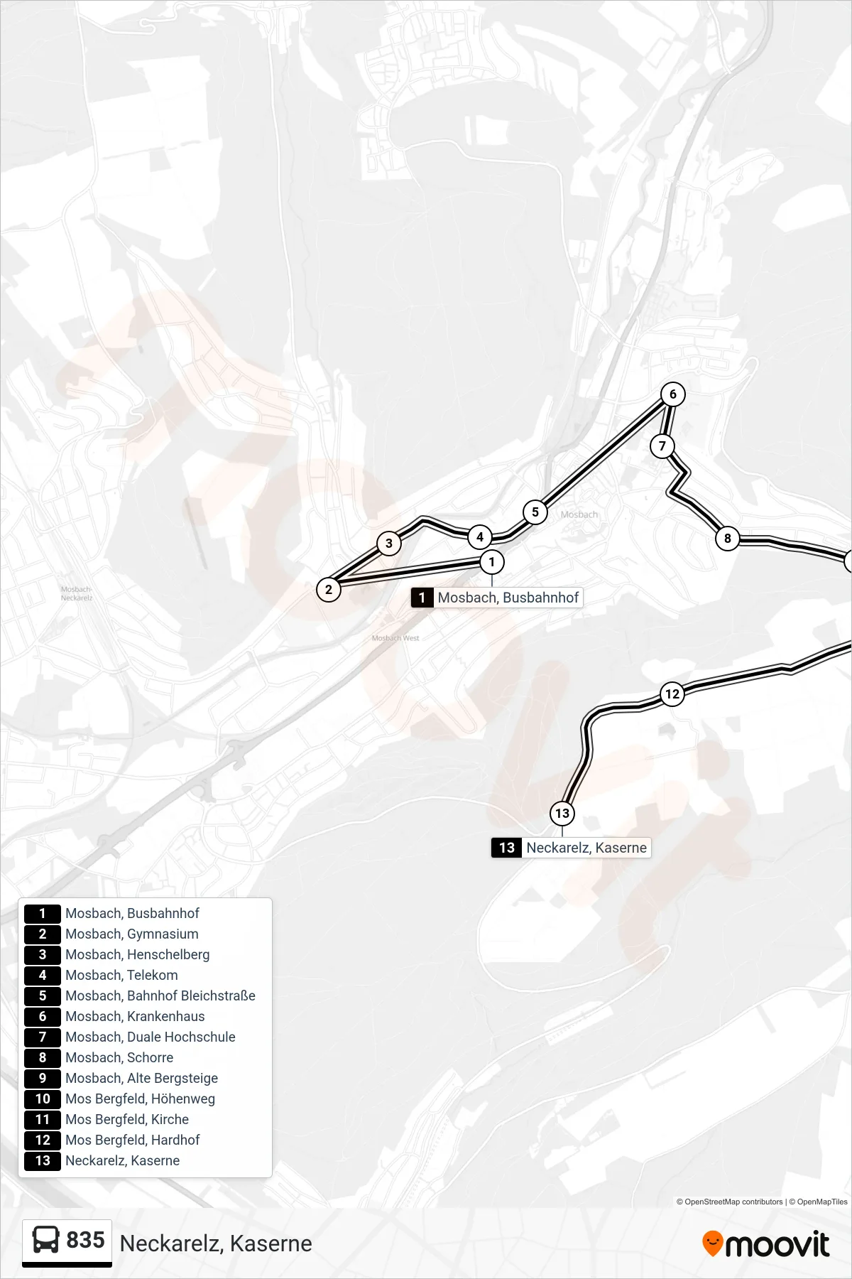835 bus Line (Neckarelz, Kaserne) route and stops on a map