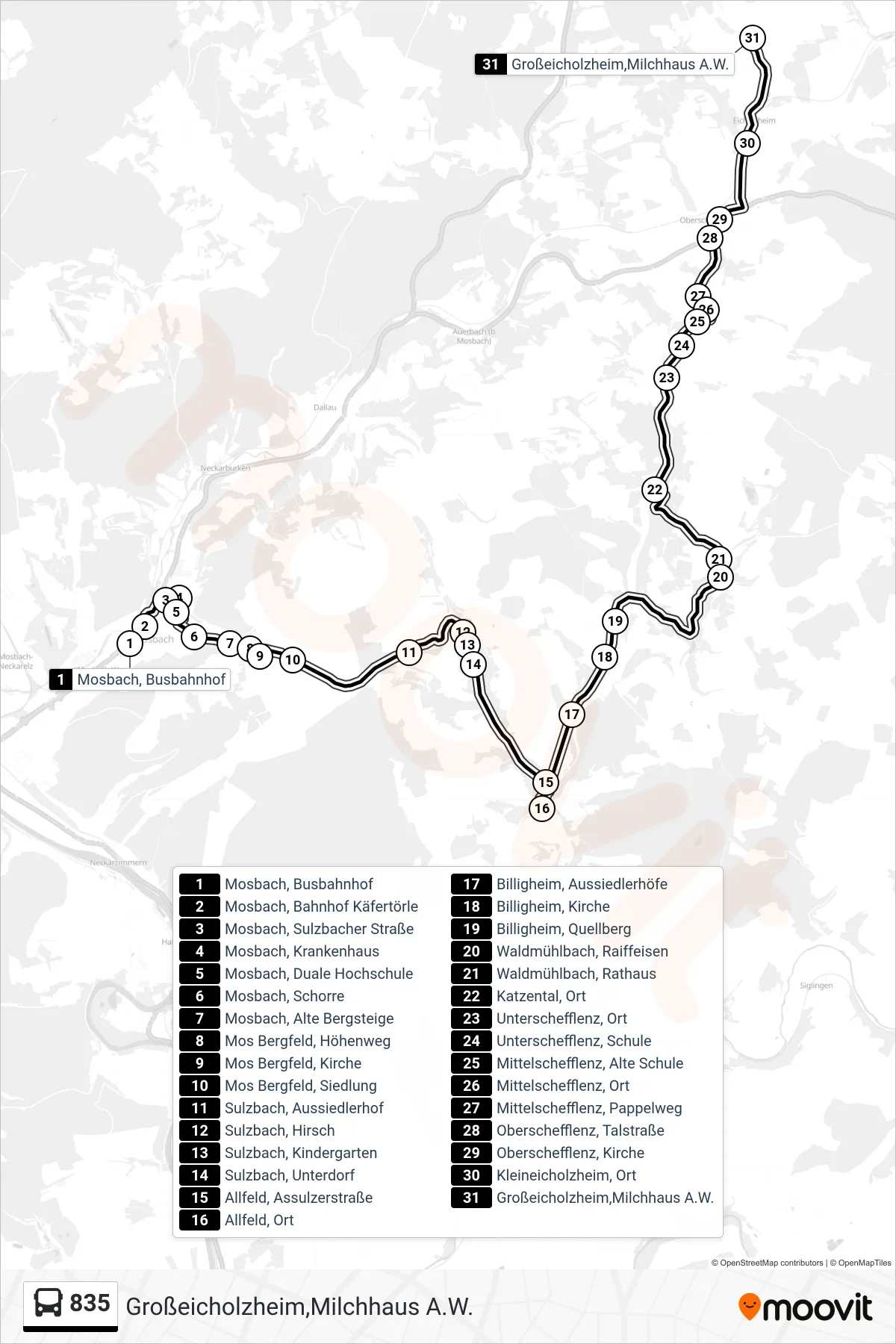 835 bus Line (Großeicholzheim,Milchhaus A.W.) route and stops on a map
