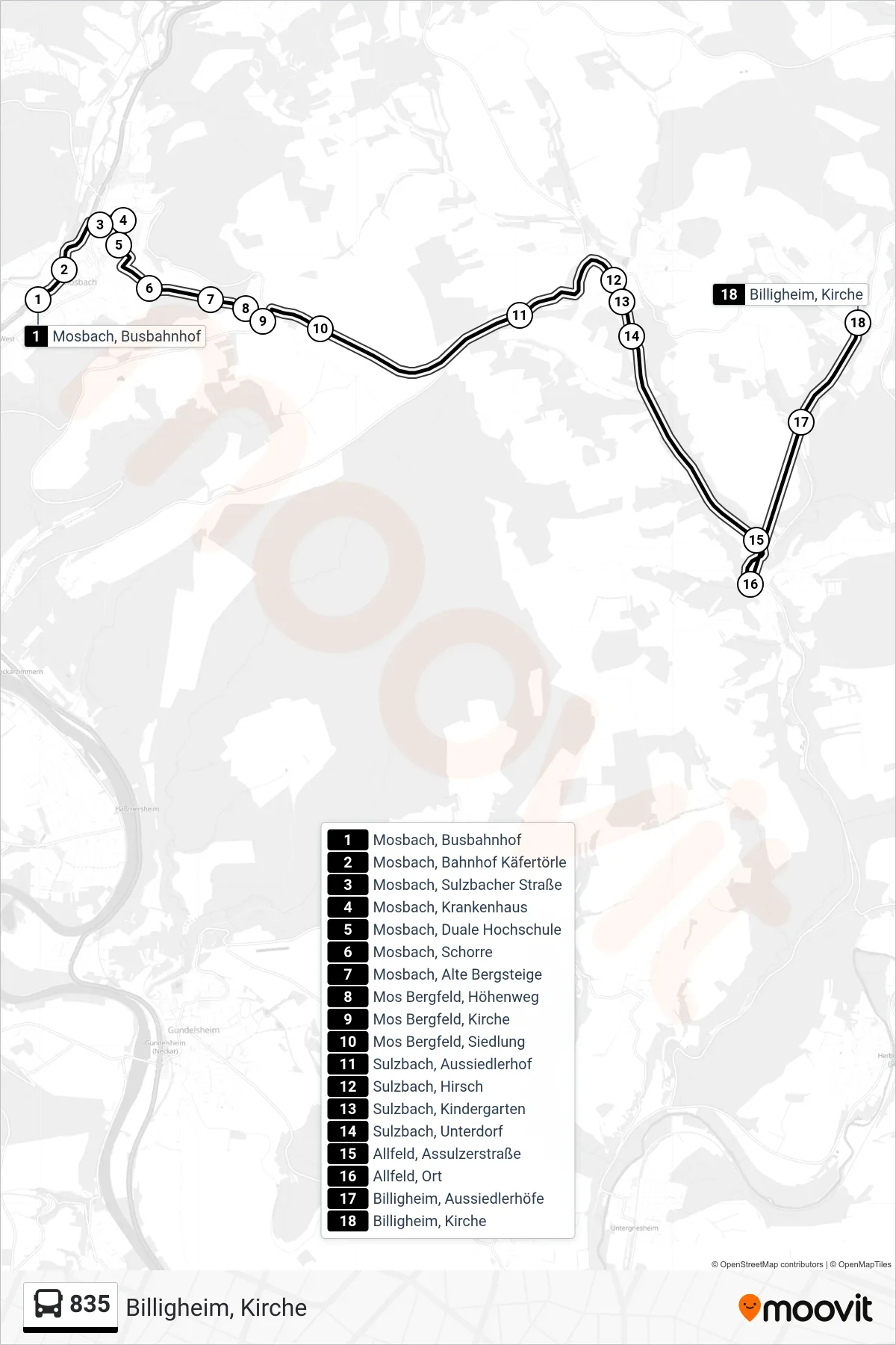 835 bus Line (Billigheim, Kirche) route and stops on a map