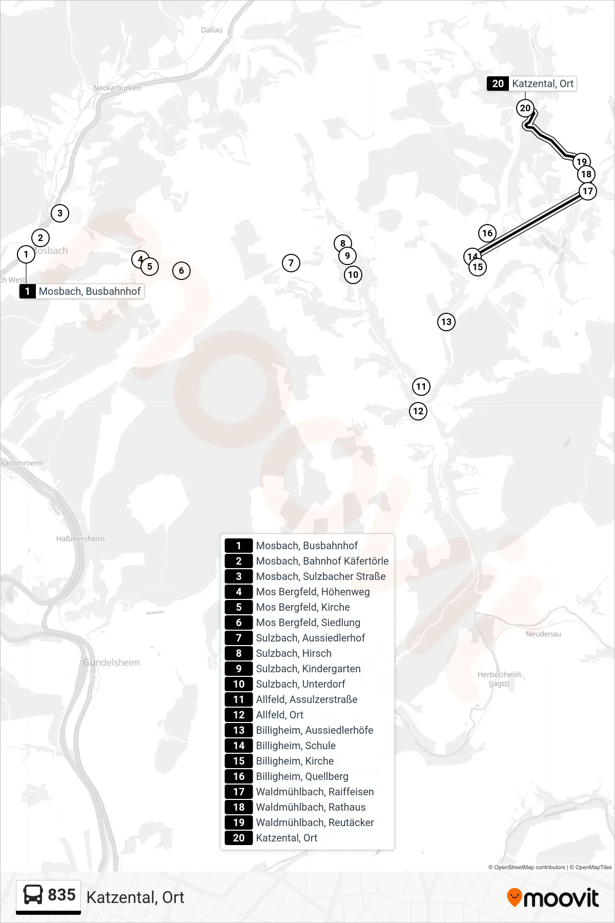 835 bus Line (Katzental, Ort) route and stops on a map