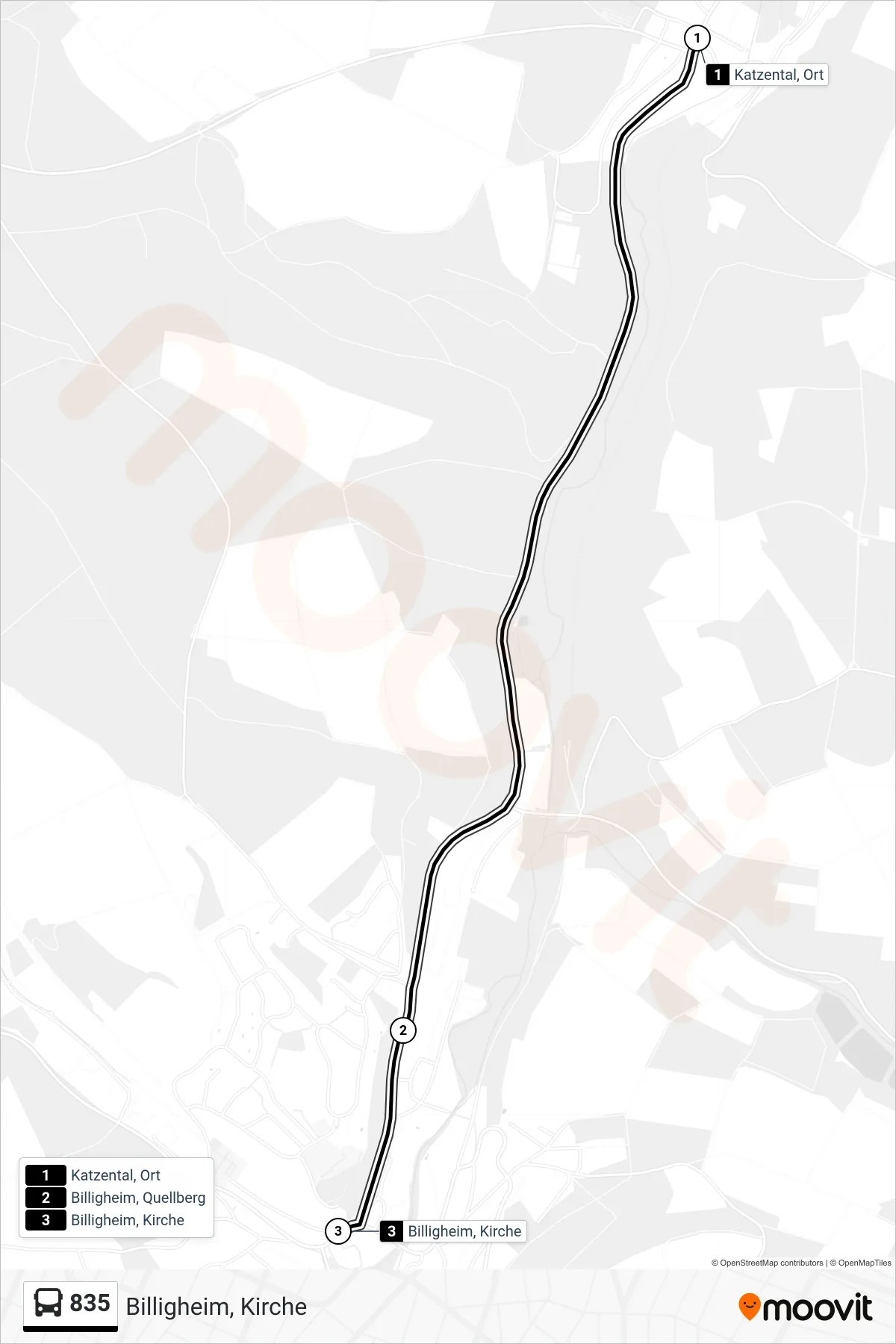 Linie 835 (Bus) Richtung Billigheim, Kirche: Route und Haltestellen auf der Karte