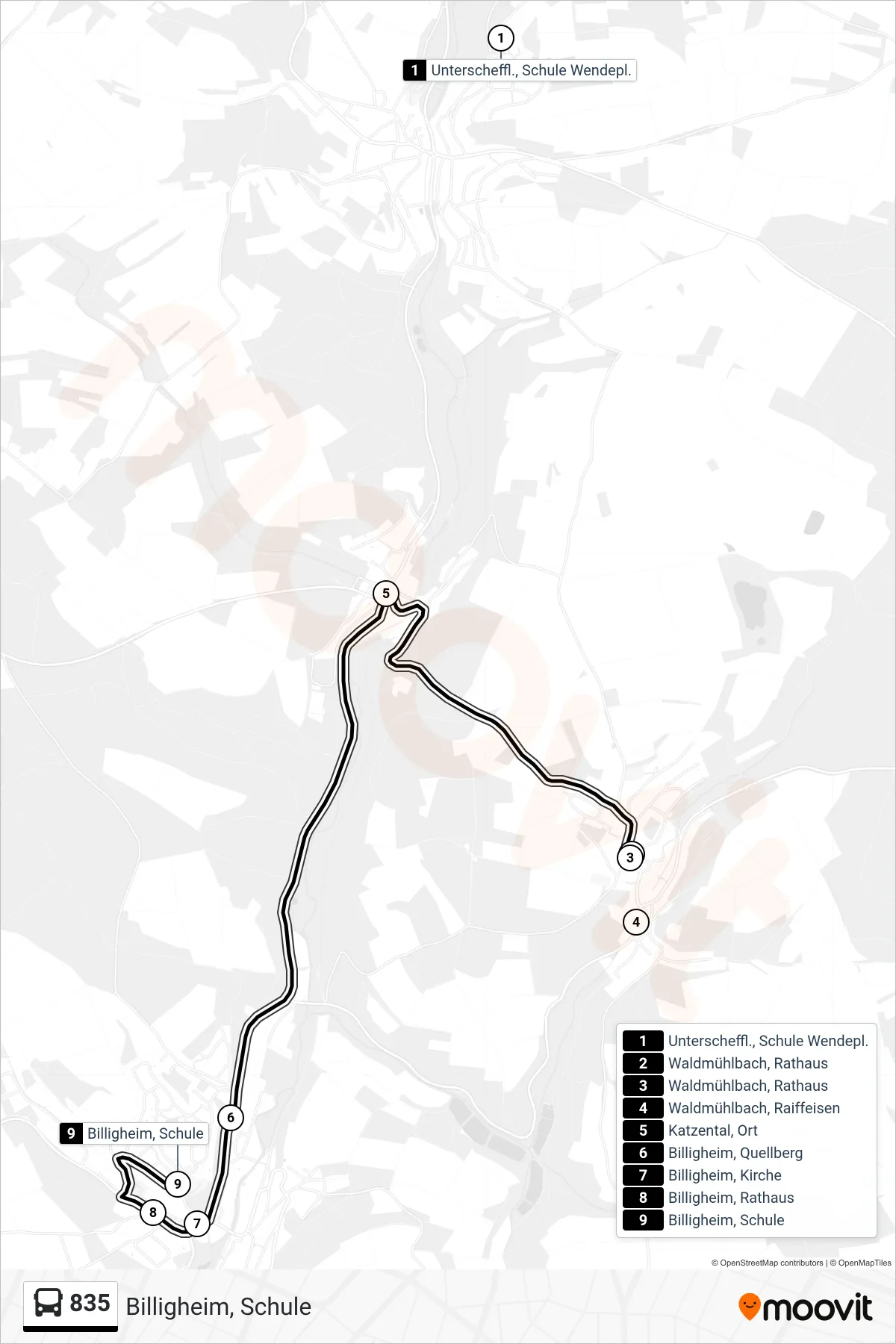 835 bus Line (Billigheim, Schule) route and stops on a map