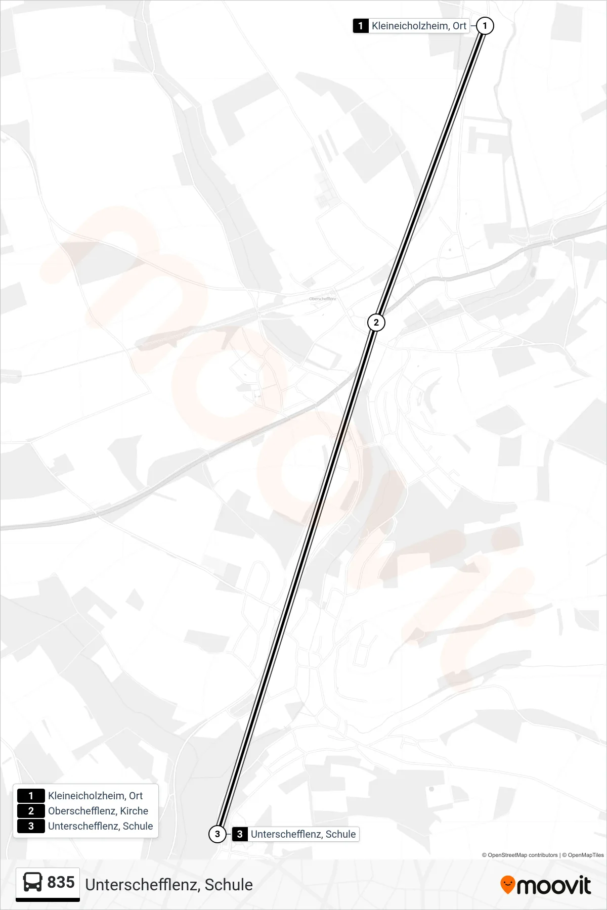 835 bus Line (Unterschefflenz, Schule) route and stops on a map