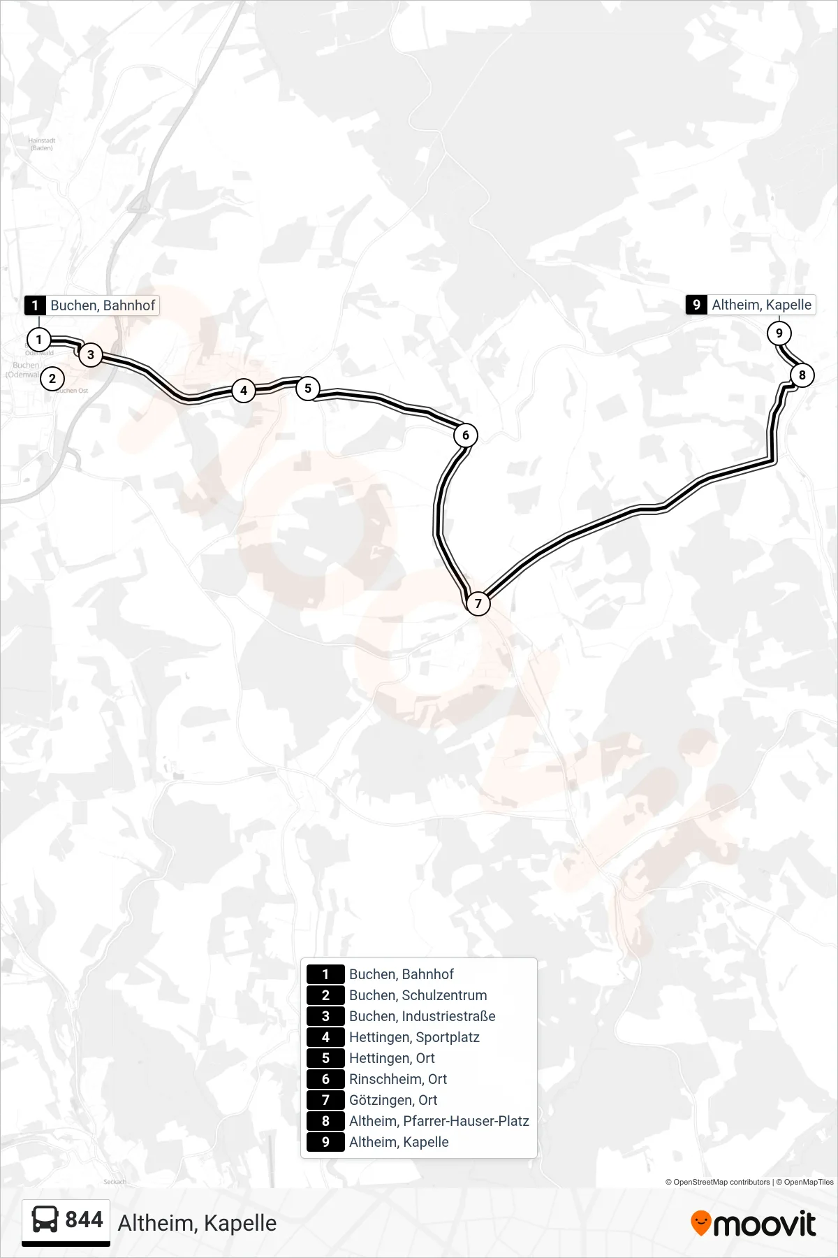 Linie 844 (Bus) Richtung Altheim, Kapelle: Route und Haltestellen auf der Karte