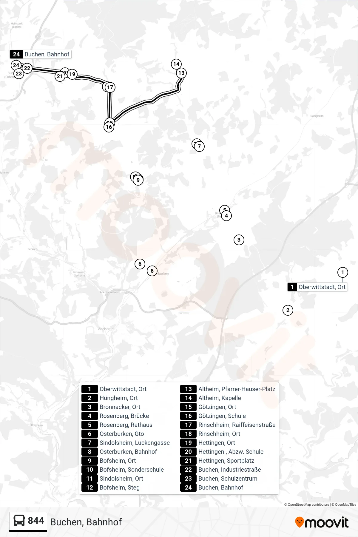844 bus Line (Buchen, Bahnhof) route and stops on a map