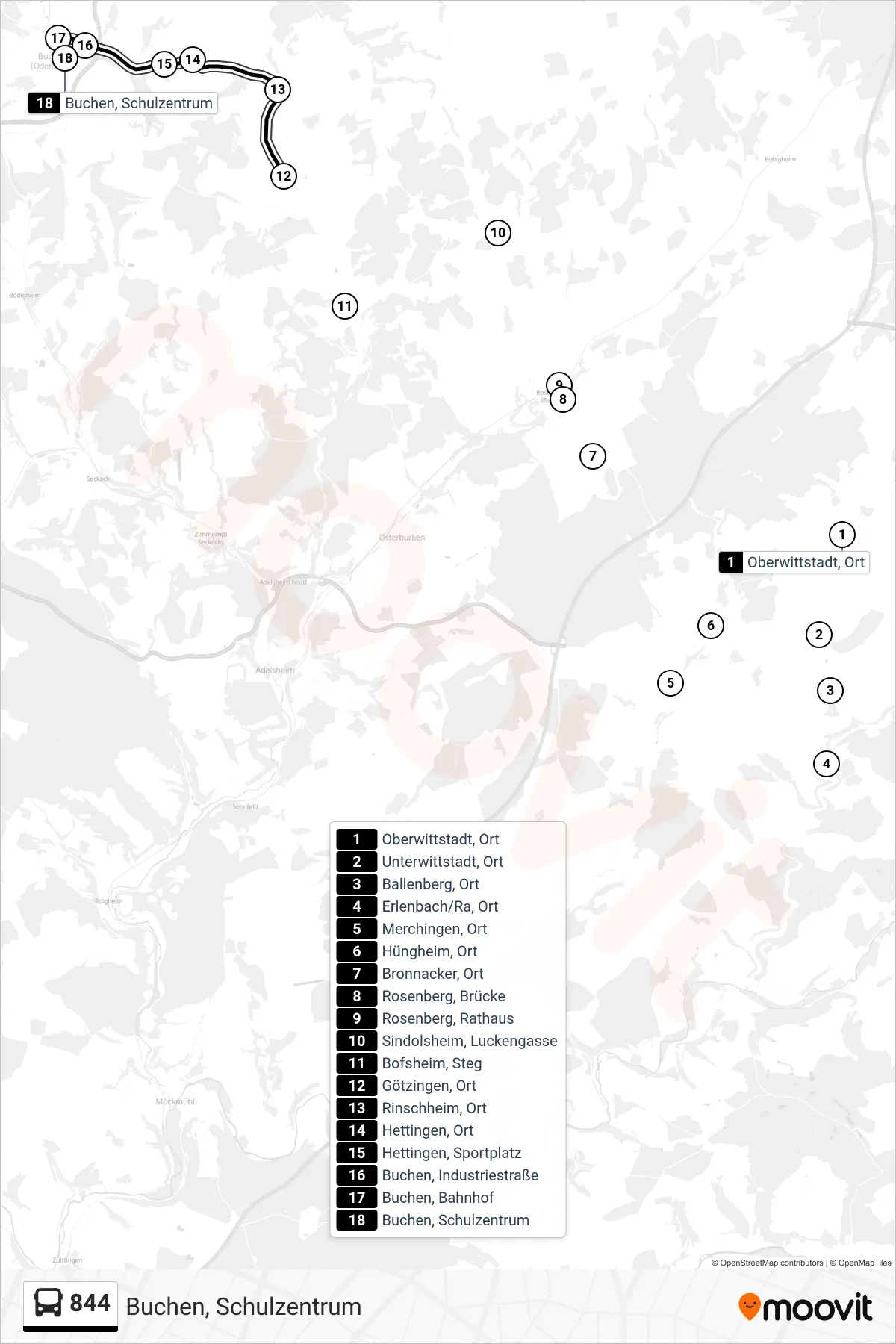 844 bus Line (Buchen, Schulzentrum) route and stops on a map