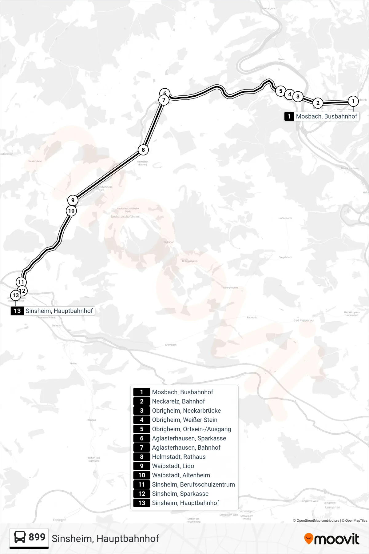 Linie 899 (Bus) Richtung Sinsheim, Hauptbahnhof: Route und Haltestellen auf der Karte
