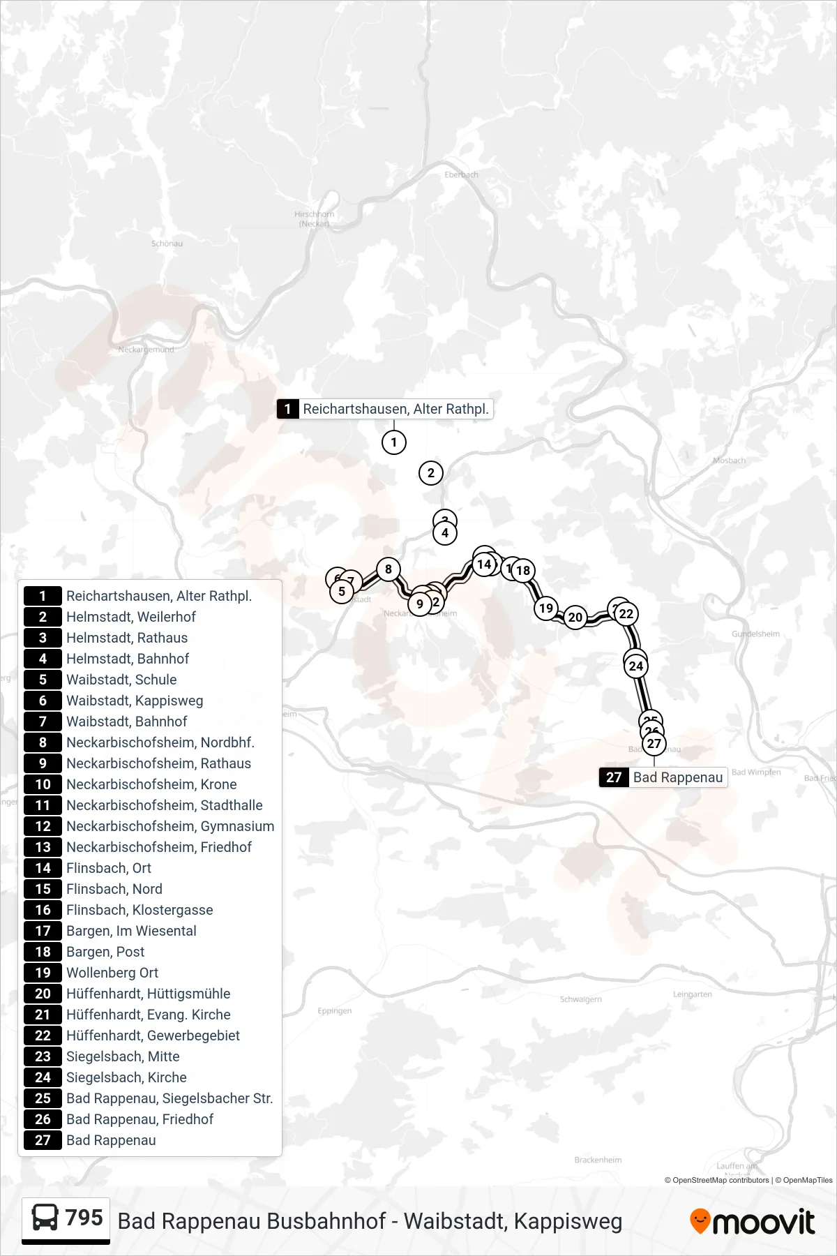795 bus Line (Bad Rappenau) route and stops on a map