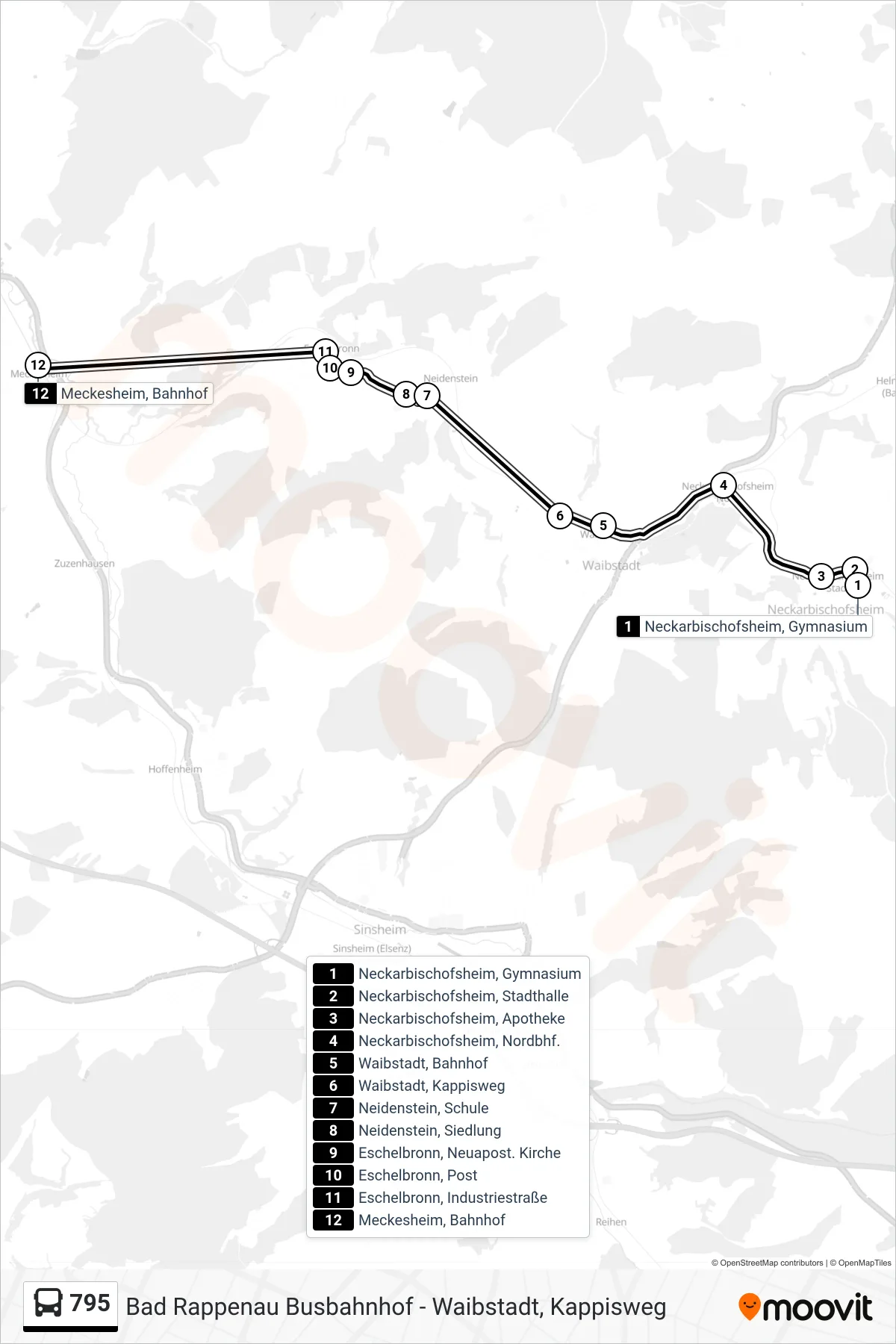 795 bus Line (Meckesheim, Bahnhof) route and stops on a map