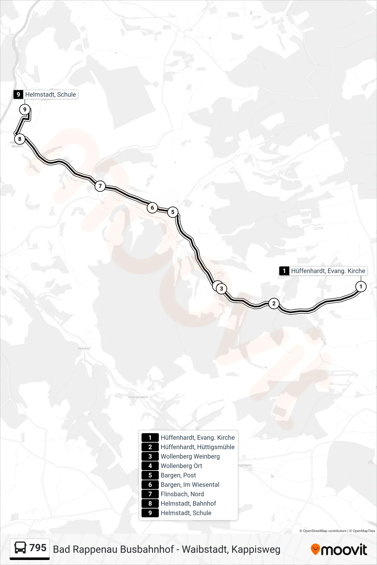 795 bus Line (Helmstadt, Schule) route and stops on a map