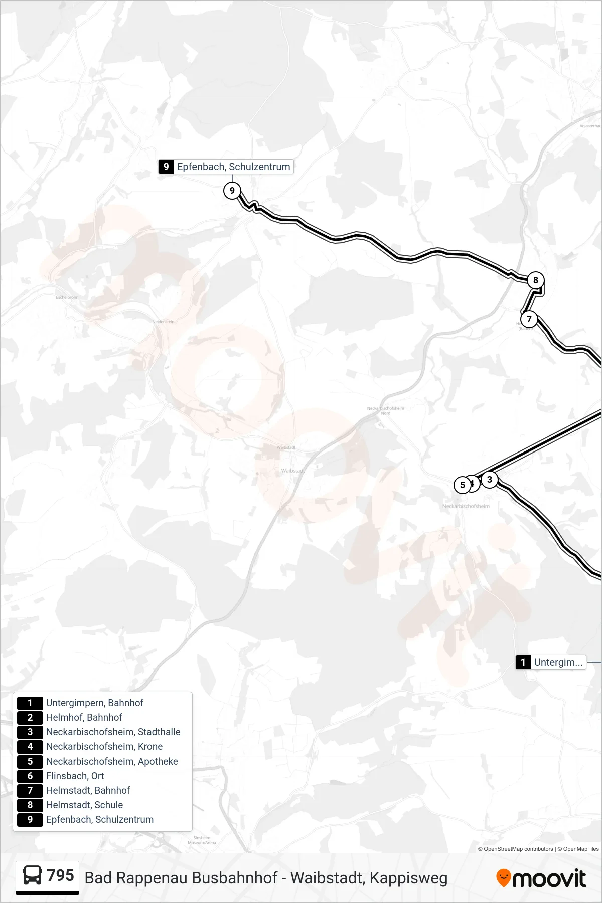 Linie 795 (Bus) Richtung Epfenbach, Schulzentrum: Route und Haltestellen auf der Karte