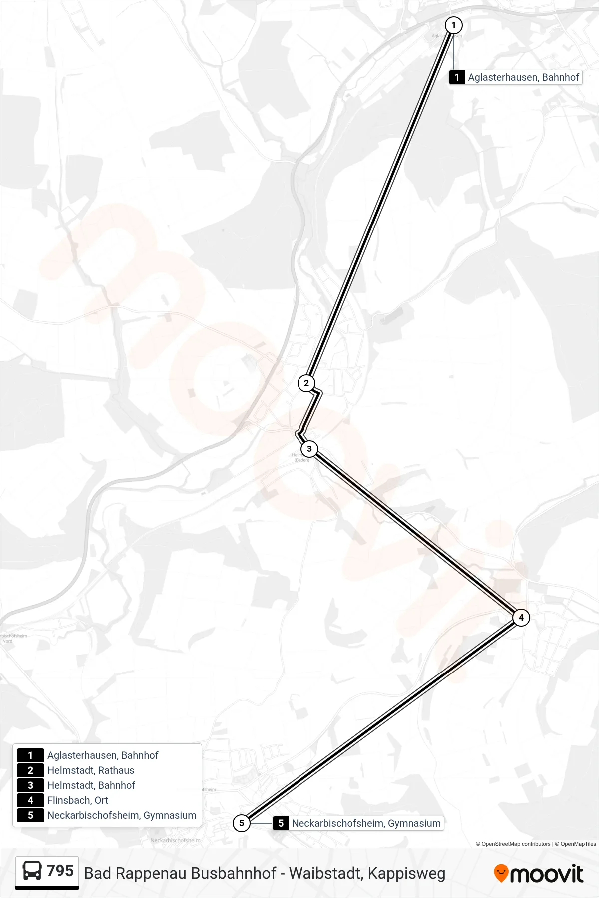 795 bus Line (Neckarbischofsheim, Gymnasium) route and stops on a map