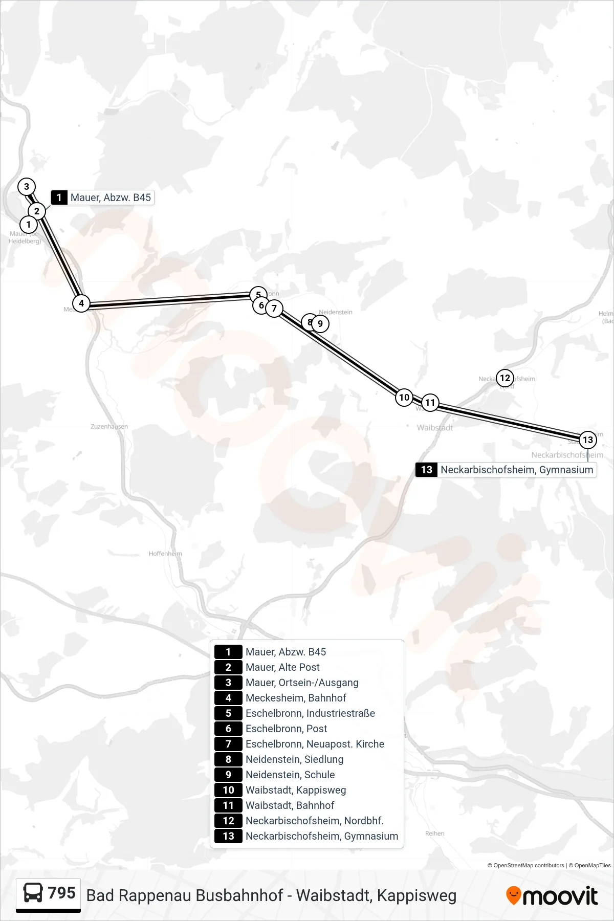 795 bus Line (Neckarbischofsheim, Gymnasium) route and stops on a map