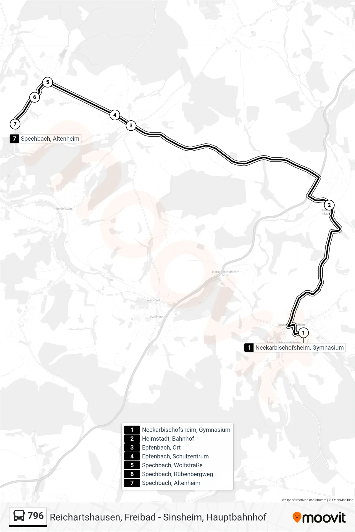 796 bus Line (Spechbach, Altenheim) route and stops on a map
