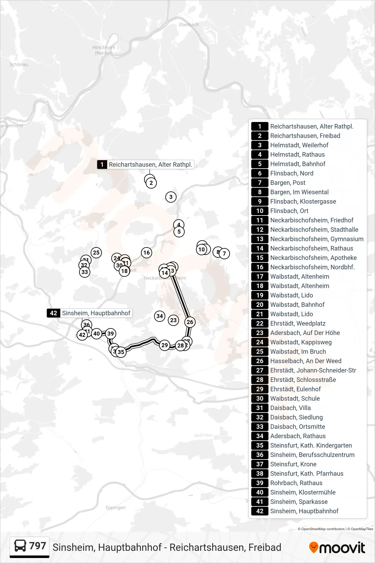 797 bus Line (Sinsheim, Hauptbahnhof) route and stops on a map