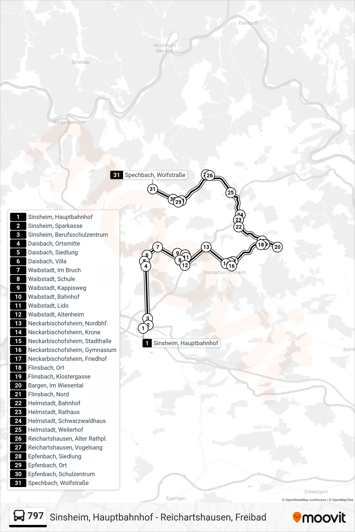 797 bus Line (Spechbach, Wolfstraße) route and stops on a map