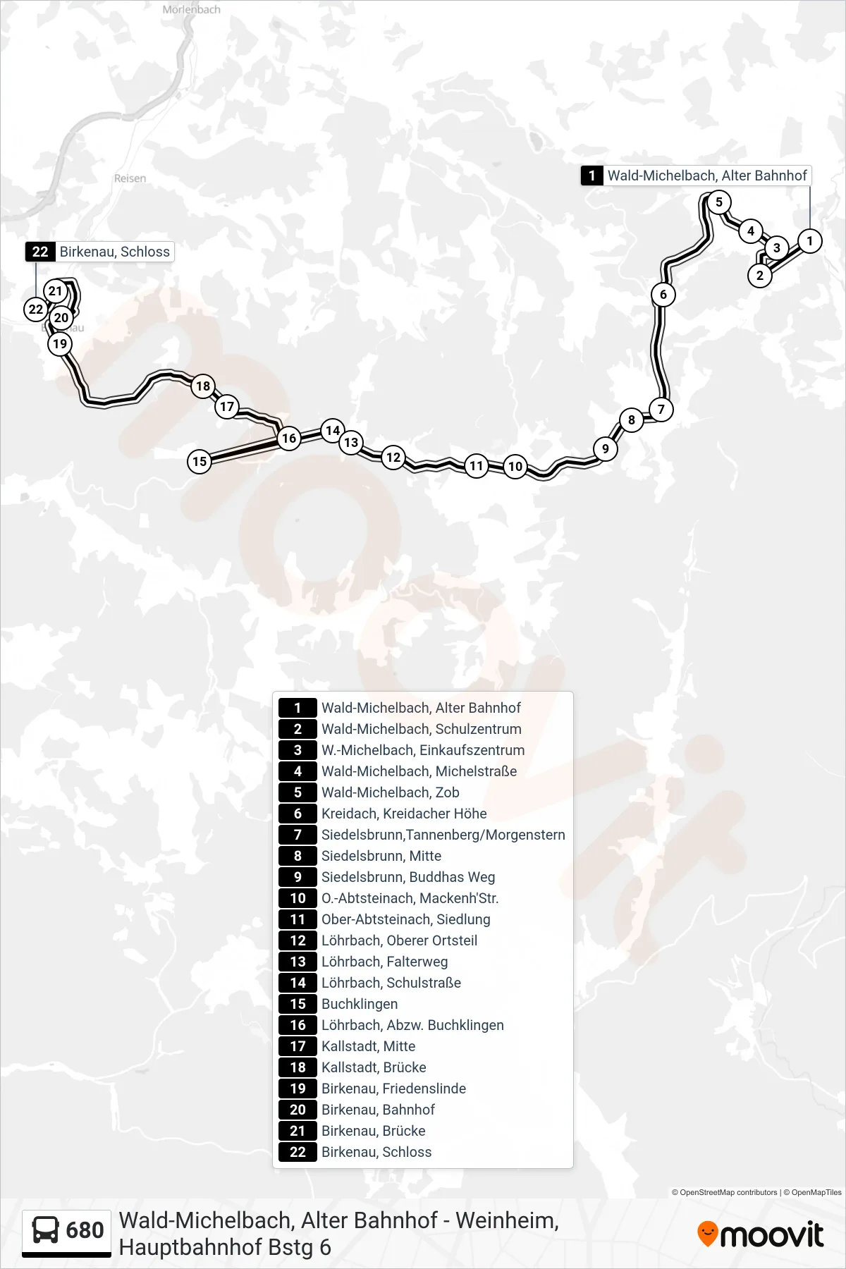 Linie 680 (Bus) Richtung Birkenau, Schloss: Route und Haltestellen auf der Karte