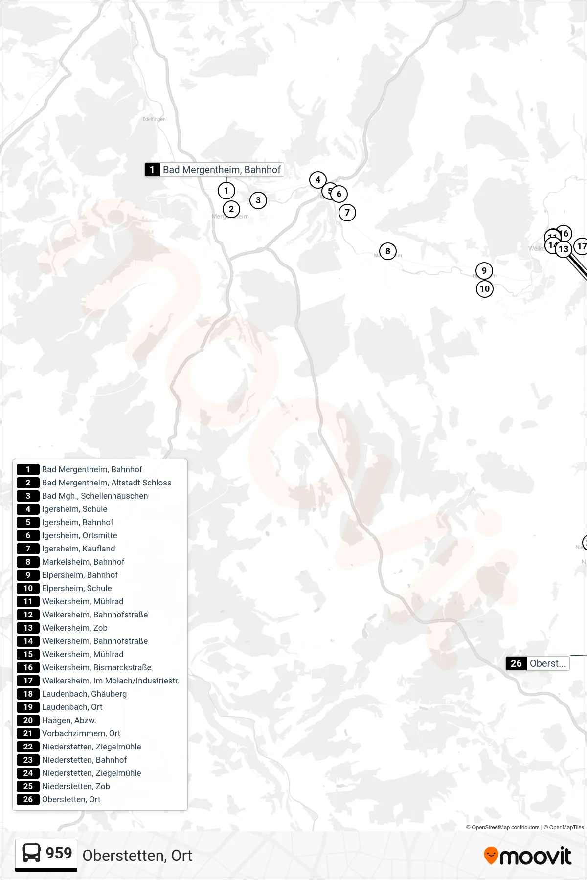 Linie 959 (Bus) Richtung Oberstetten, Ort: Route und Haltestellen auf der Karte