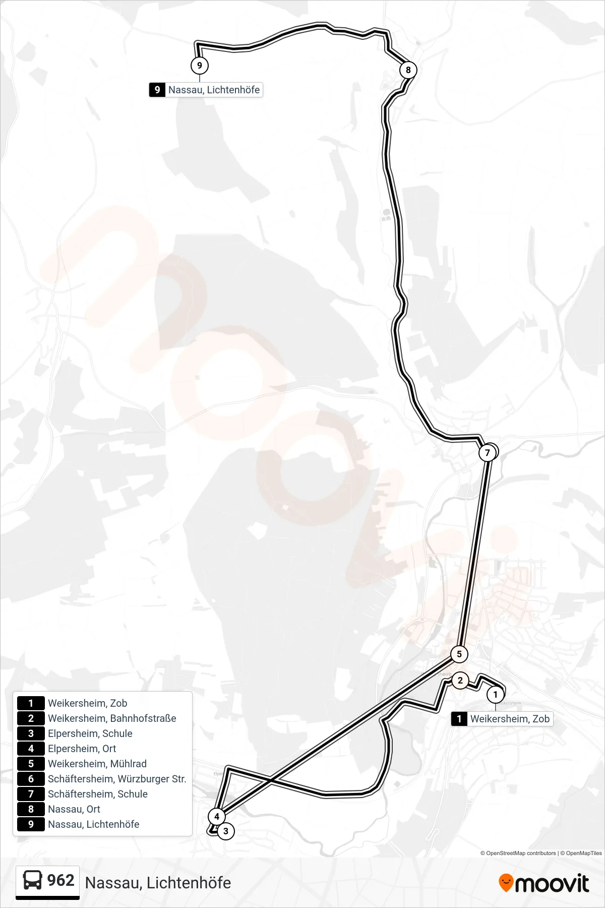 962 bus Line (Nassau, Lichtenhöfe) route and stops on a map
