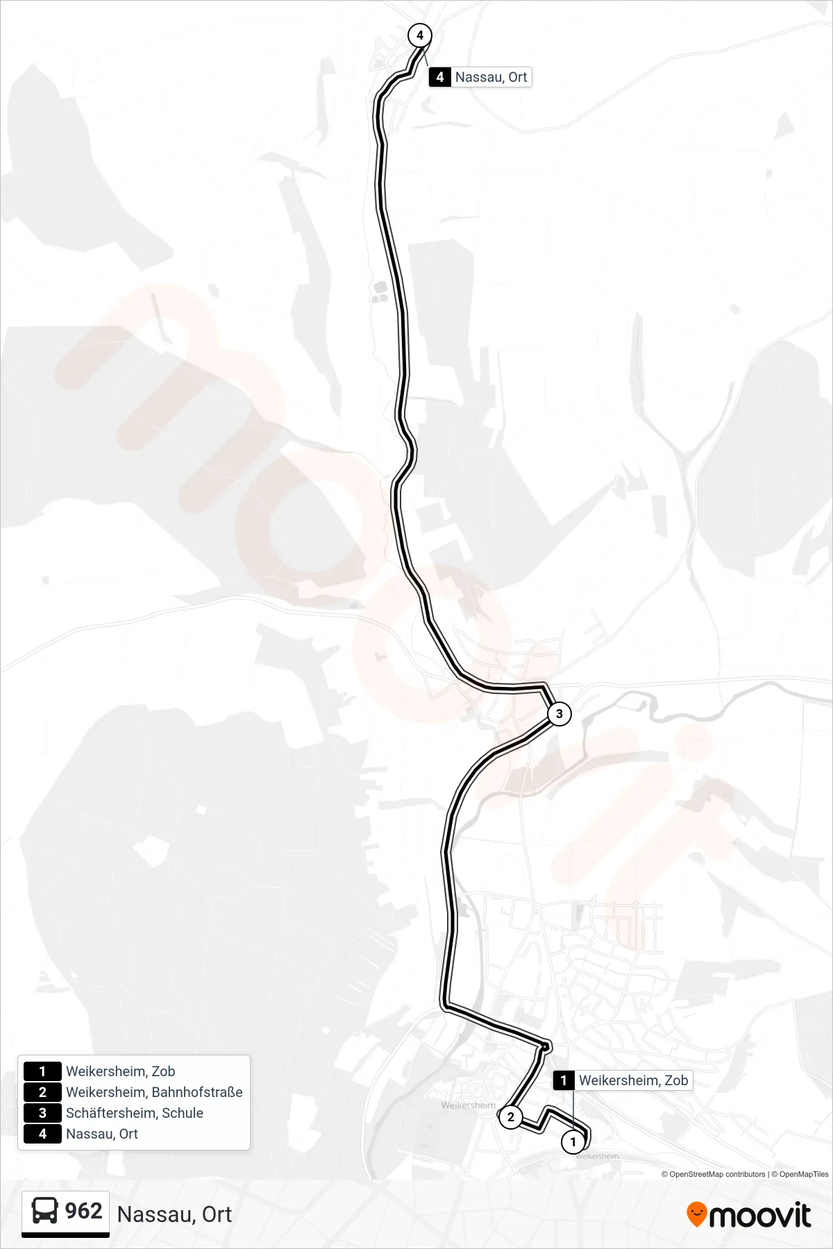 Linie 962 (Bus) Richtung Nassau, Ort: Route und Haltestellen auf der Karte