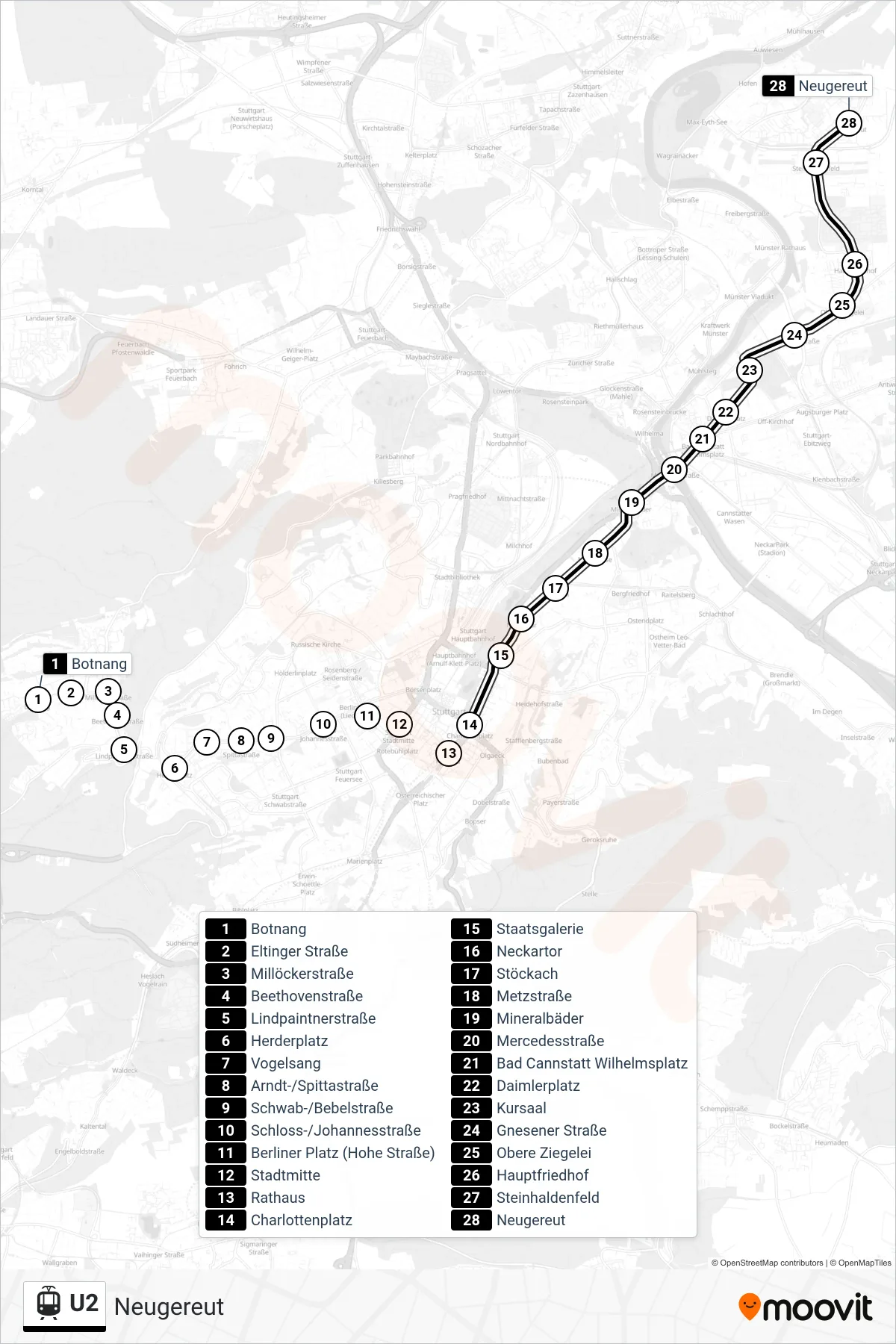U2 light rail Line (Neugereut) route and stops on a map