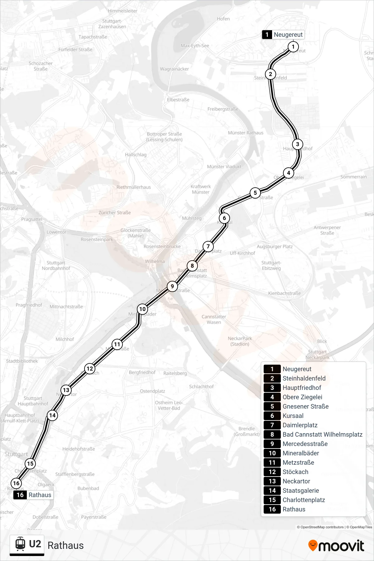 U2 light rail Line (Rathaus) route and stops on a map