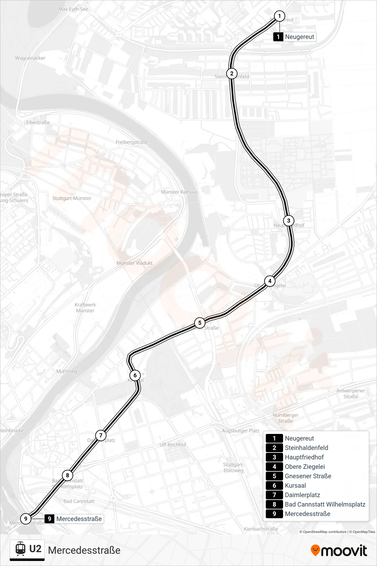 Linie U2 (Straßenbahn) Richtung Mercedesstraße: Route und Haltestellen auf der Karte