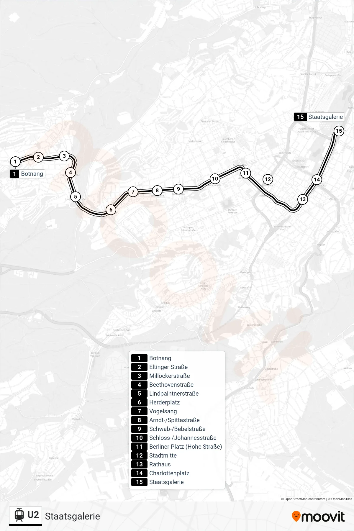 U2 tram Line (Staatsgalerie) route and stops on a map