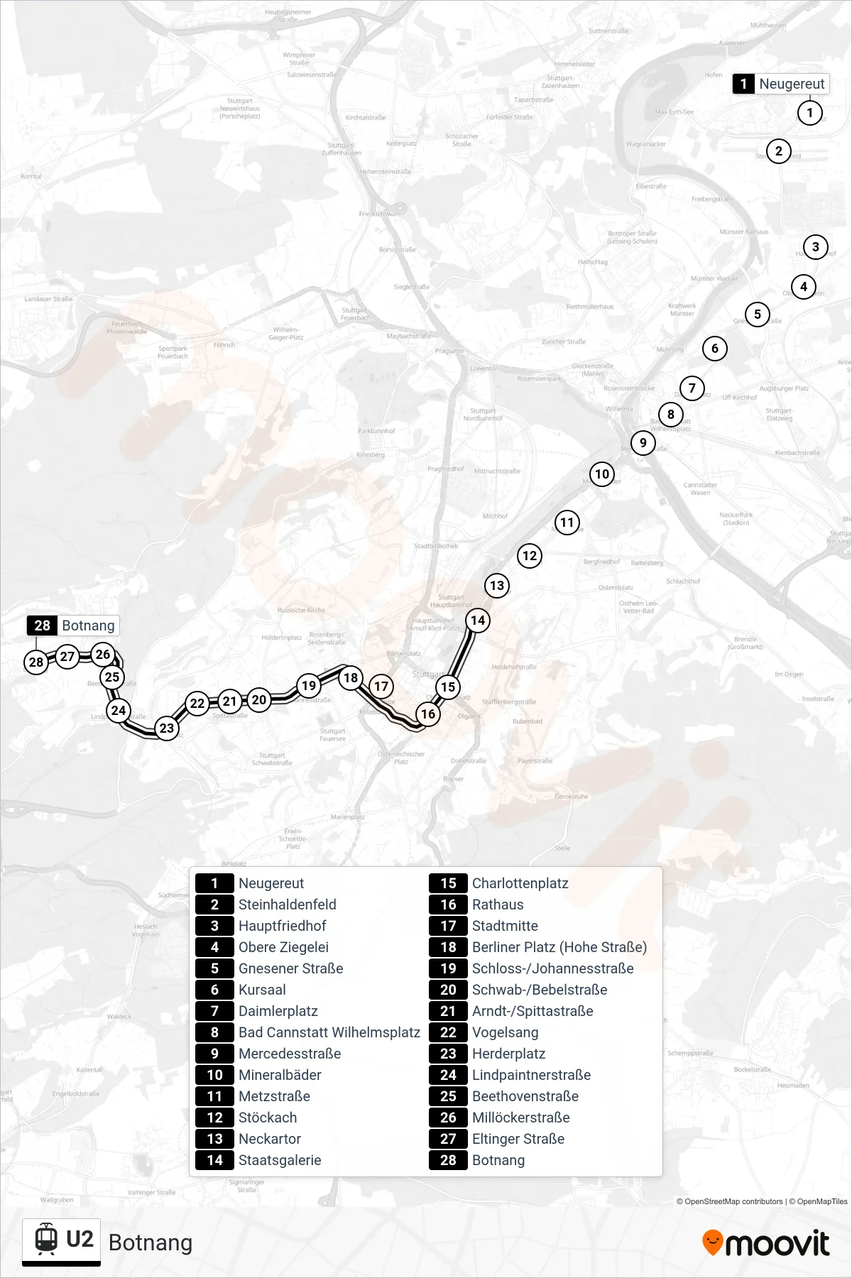 U2 light rail Line (Botnang) route and stops on a map
