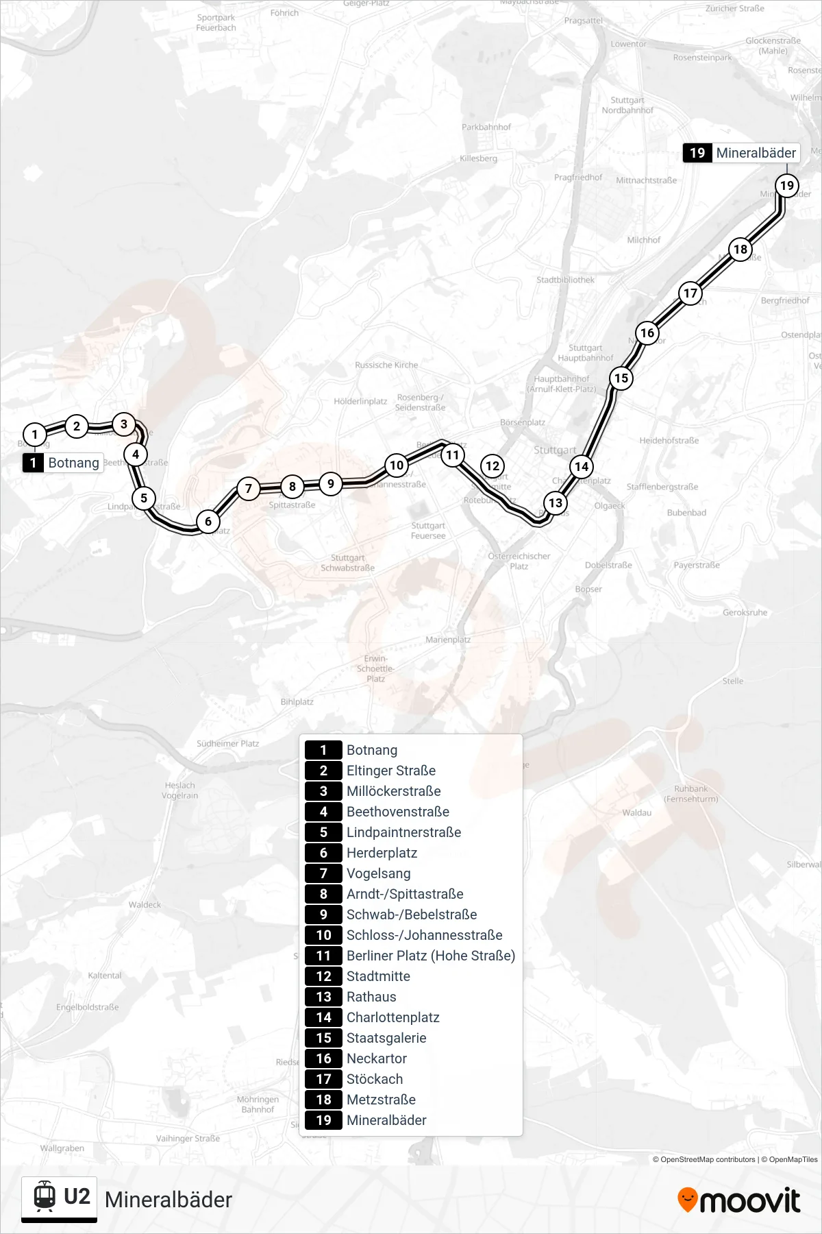 U2 light rail Line (Mineralbäder) route and stops on a map