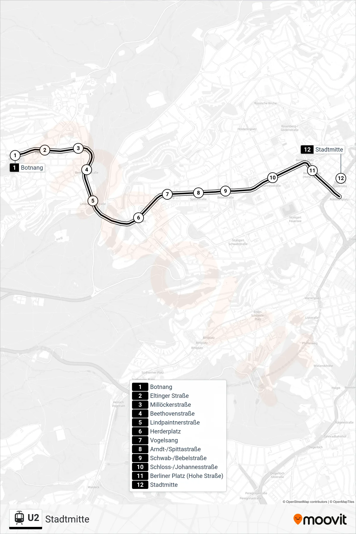 U2 light rail Line (Stadtmitte) route and stops on a map