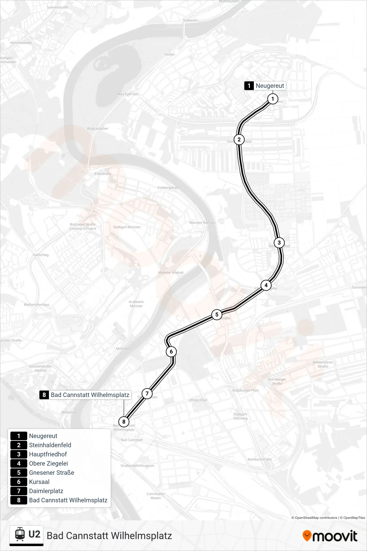 U2 light rail Line (Bad Cannstatt Wilhelmsplatz) route and stops on a map